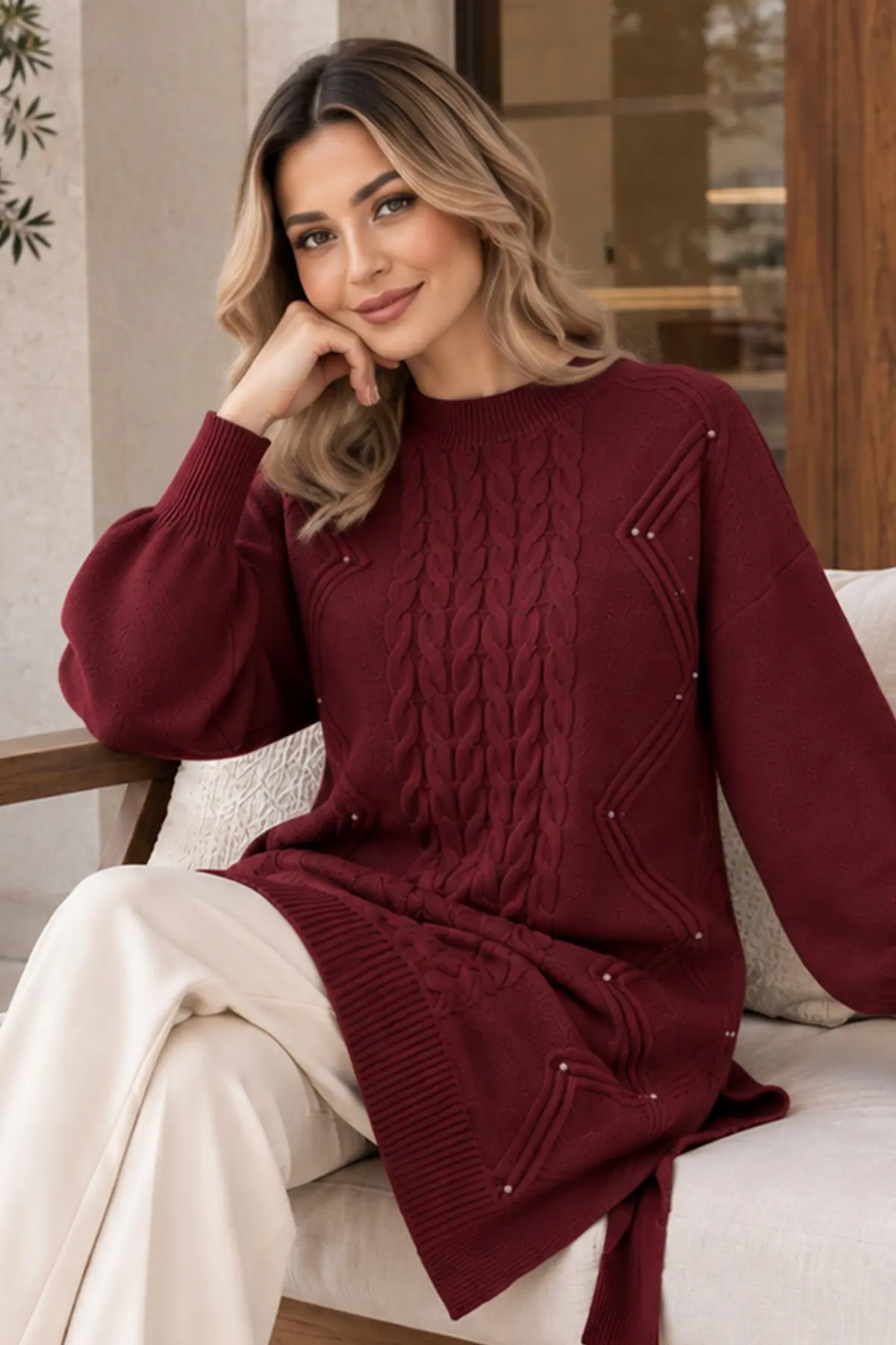 Embellished Knit Sweater K6040 Burgundy-detail
