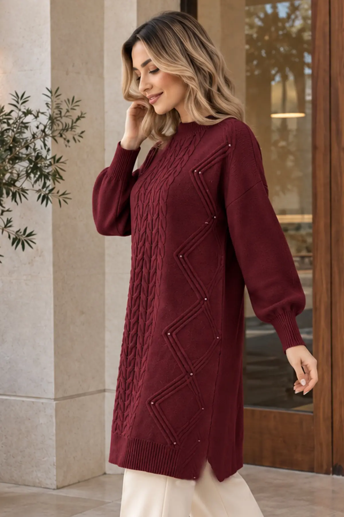 Embellished Knit Sweater K6040 Burgundy-detail
