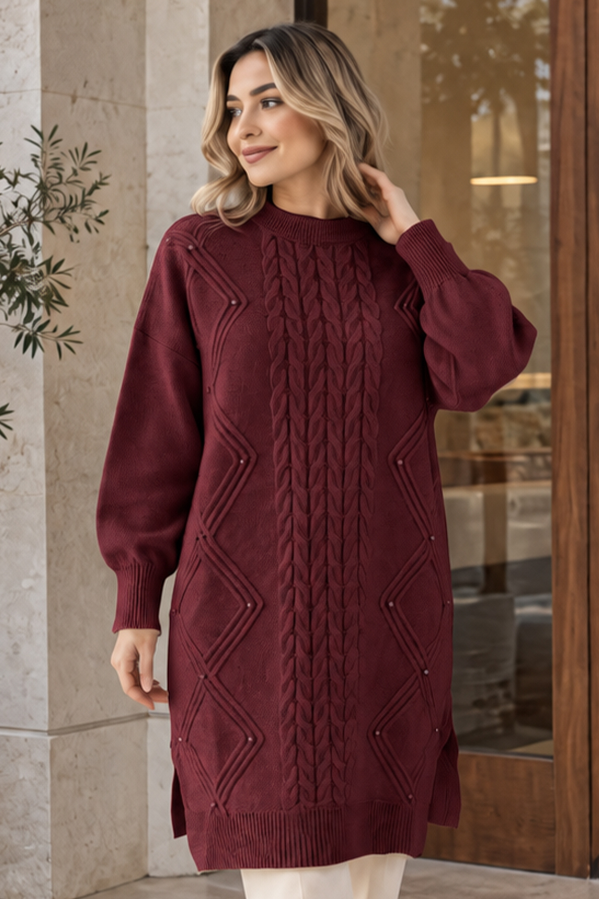 Embellished Knit Sweater K6040 Burgundy