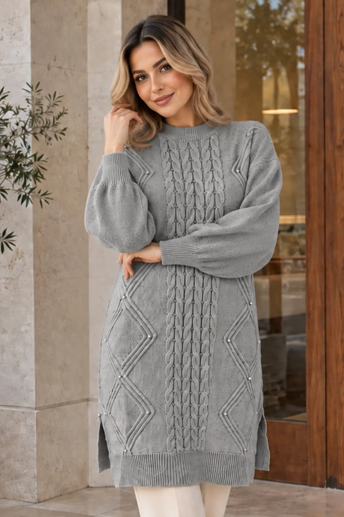 Embellished Knit Sweater K6040 Grey-detail