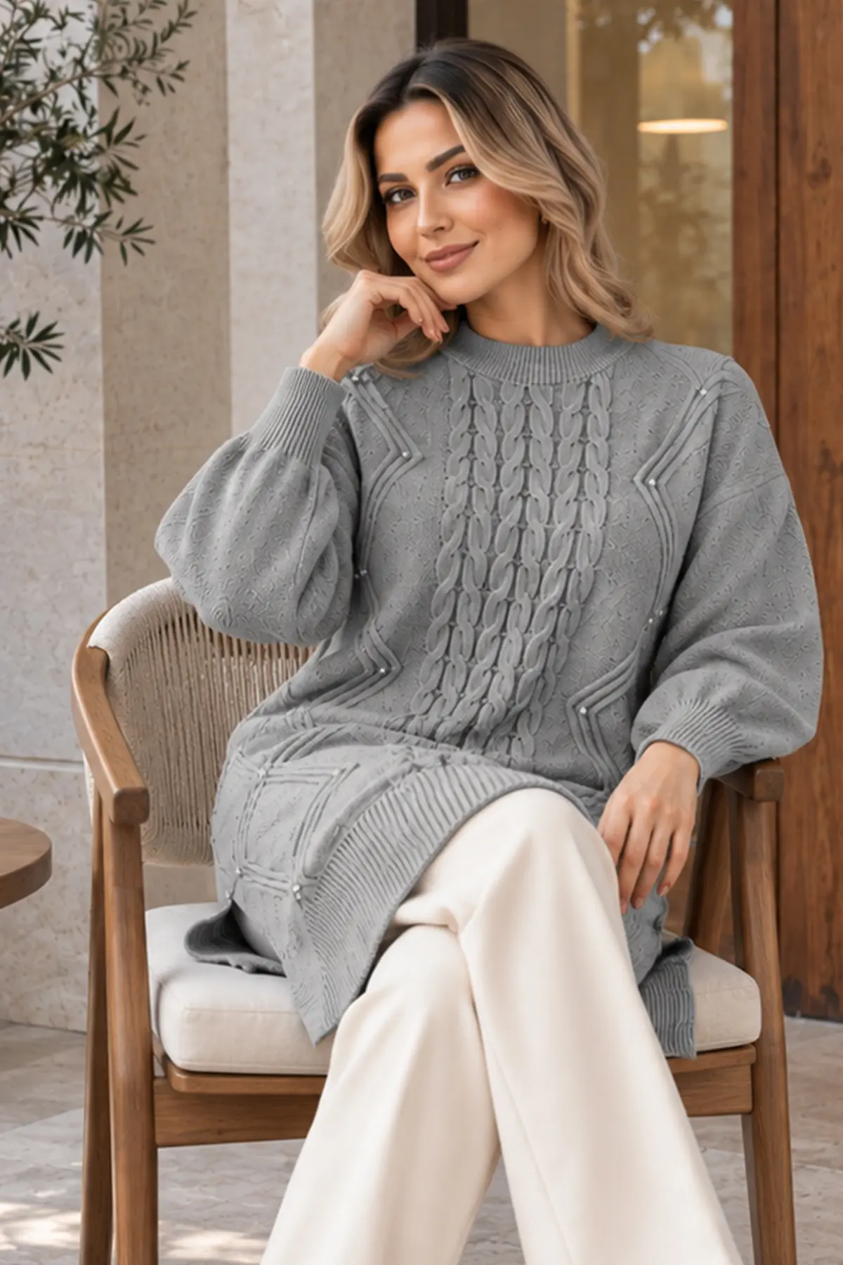 Embellished Knit Sweater K6040 Grey-detail