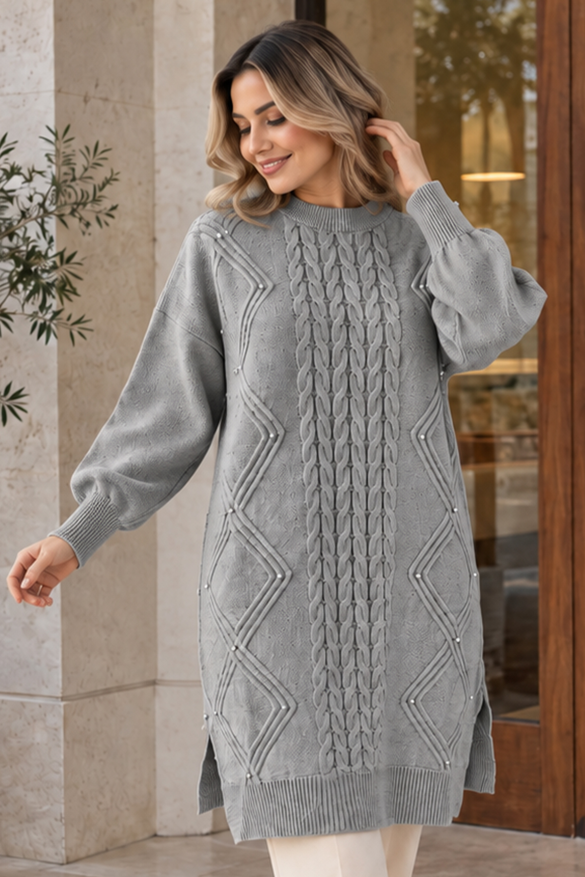 Embellished Knit Sweater K6040 Grey