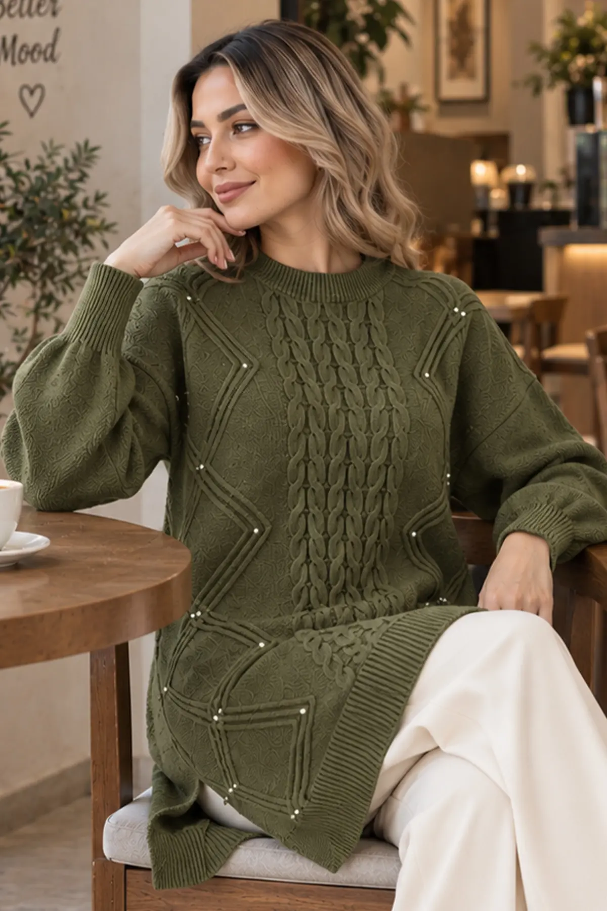 Embellished Knit Sweater K6040 Khaki-detail
