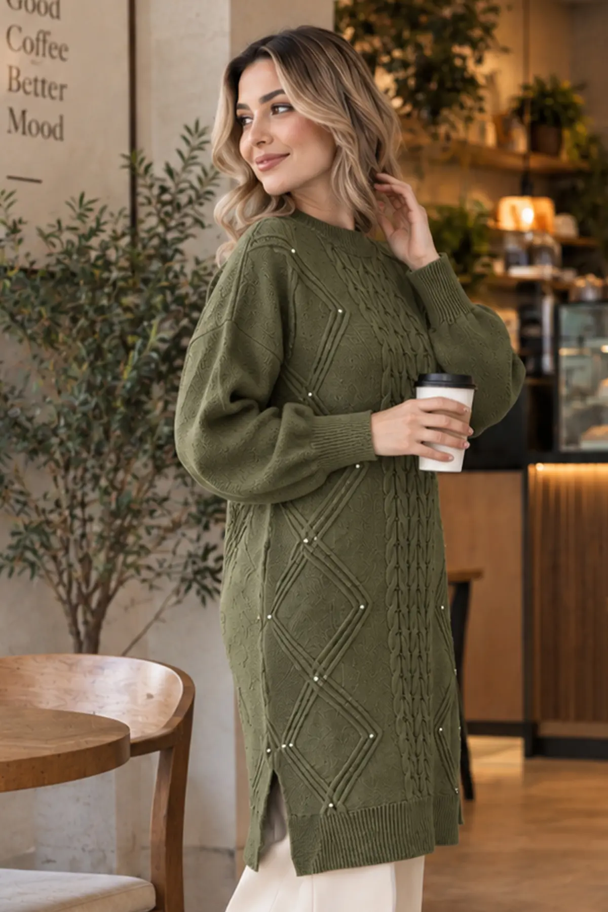 Embellished Knit Sweater K6040 Khaki-detail