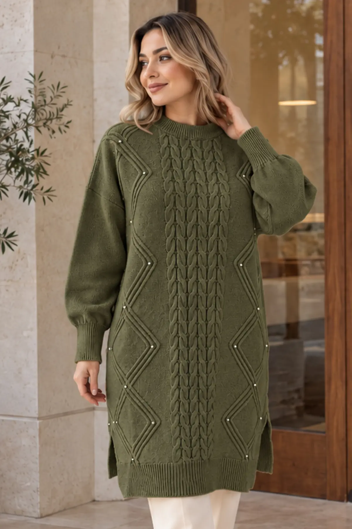 Embellished Knit Sweater K6040 Khaki-detail