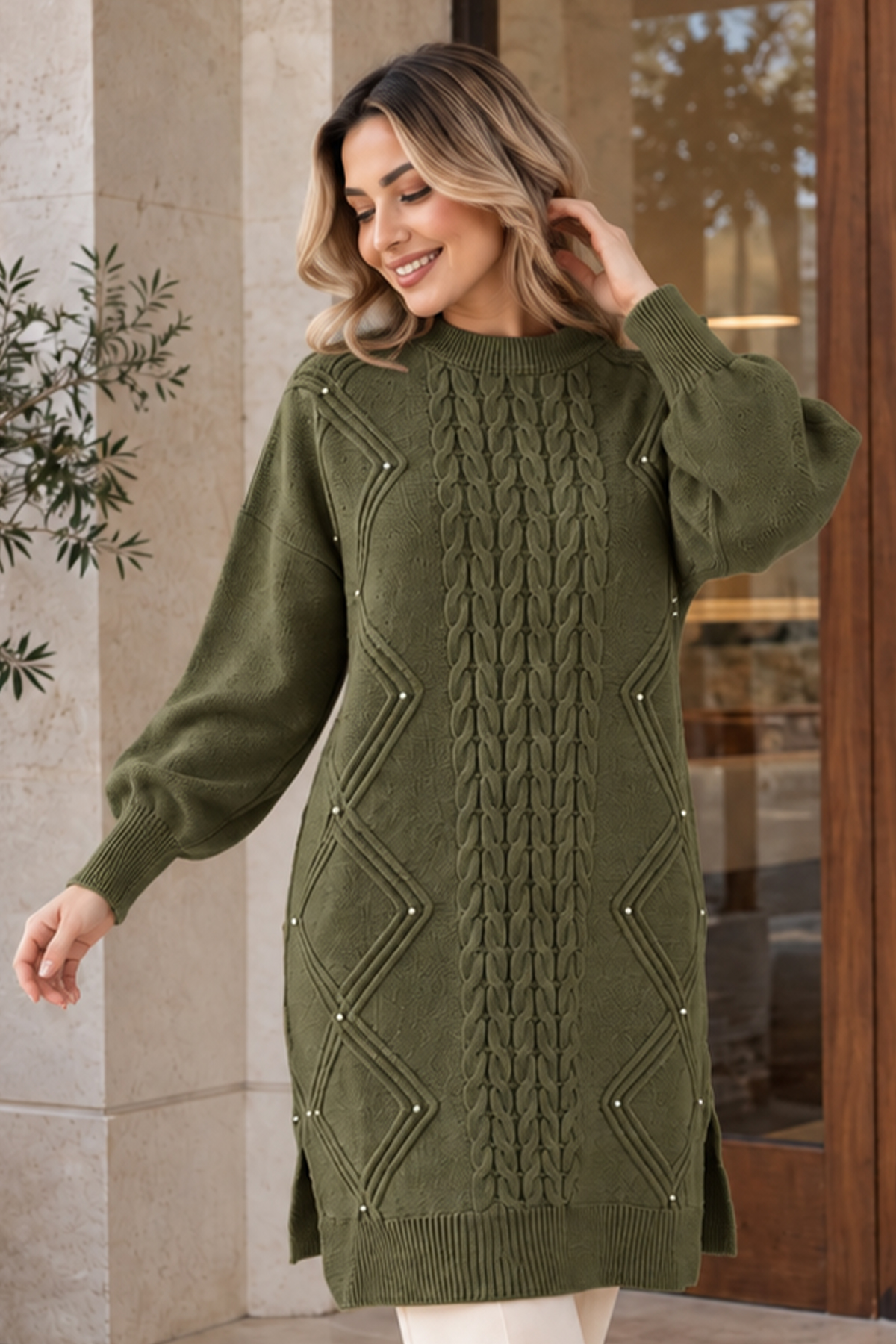 Embellished Knit Sweater K6040 Khaki