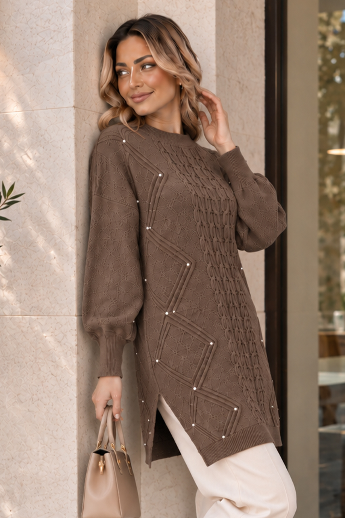 Embellished Knit Sweater K6040 Mink