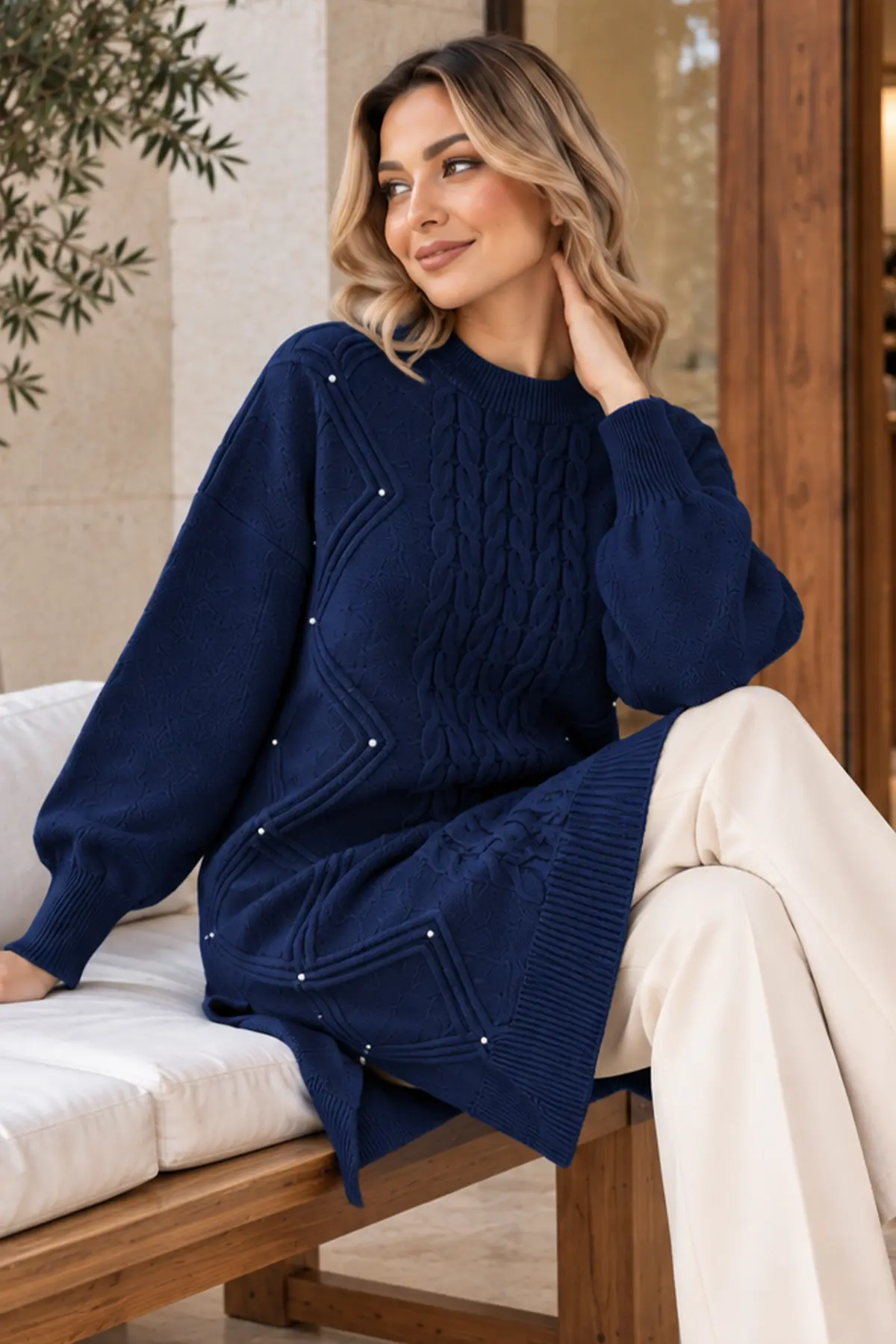 Embellished Knit Sweater K6040 Navy Blue-detail
