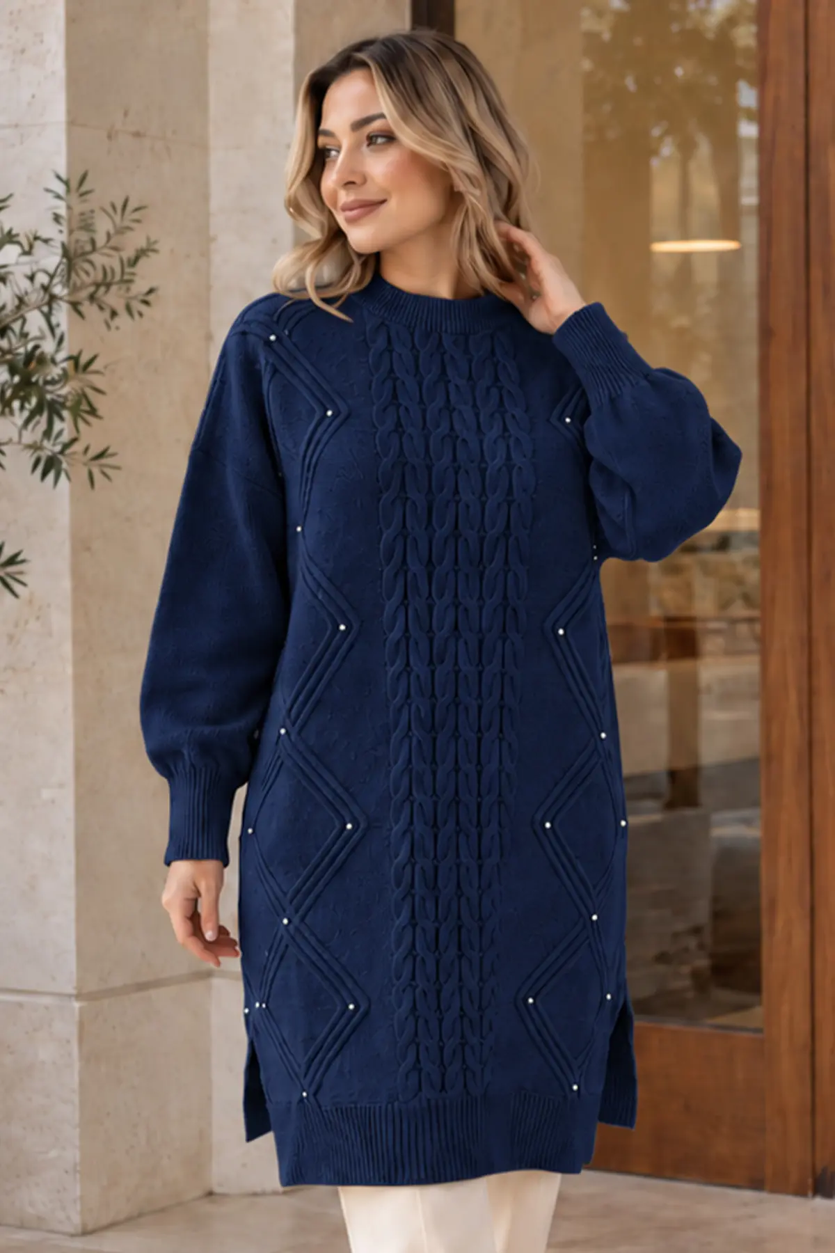 Embellished Knit Sweater K6040 Navy Blue-detail
