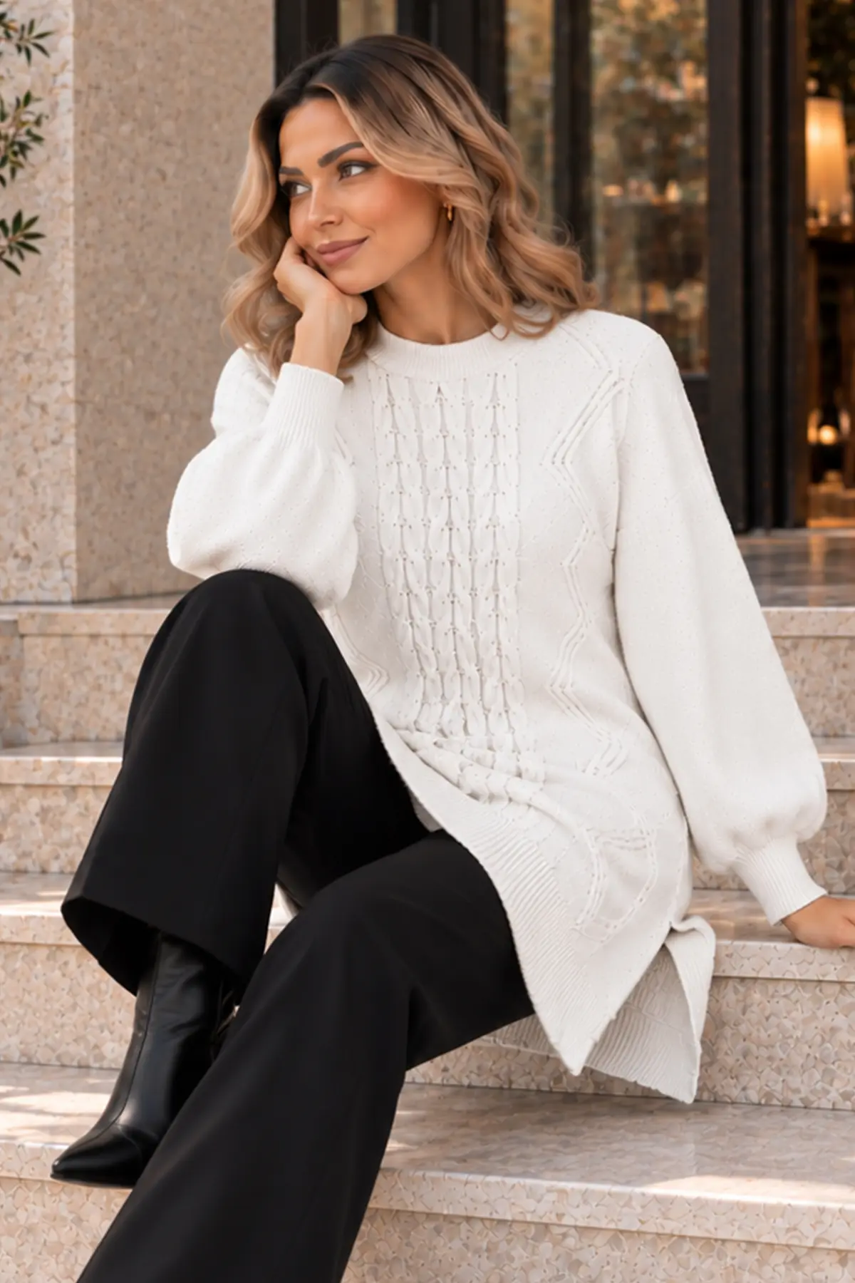 Embellished Knit Sweater K6040 White-detail