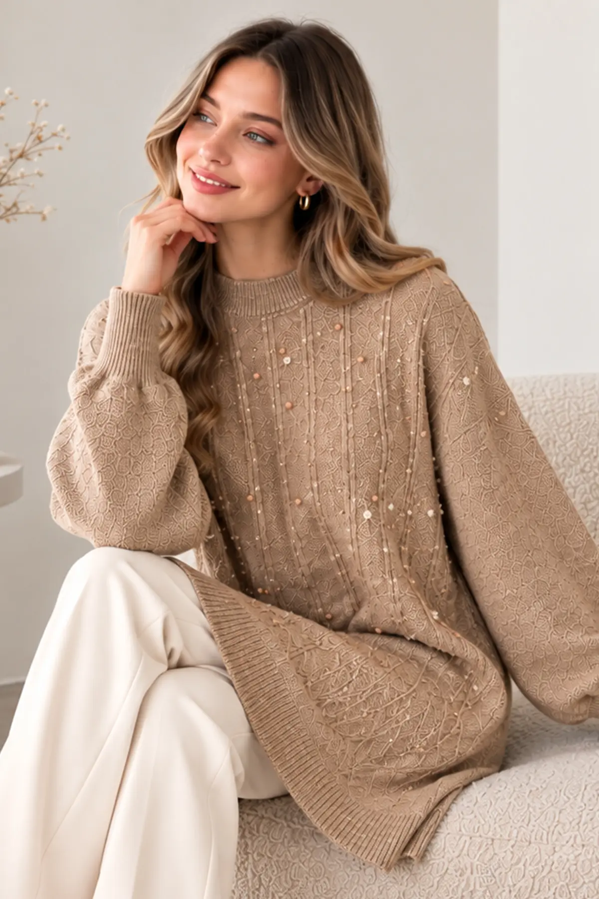 Embellished Knit Sweater K6041 Beige-detail