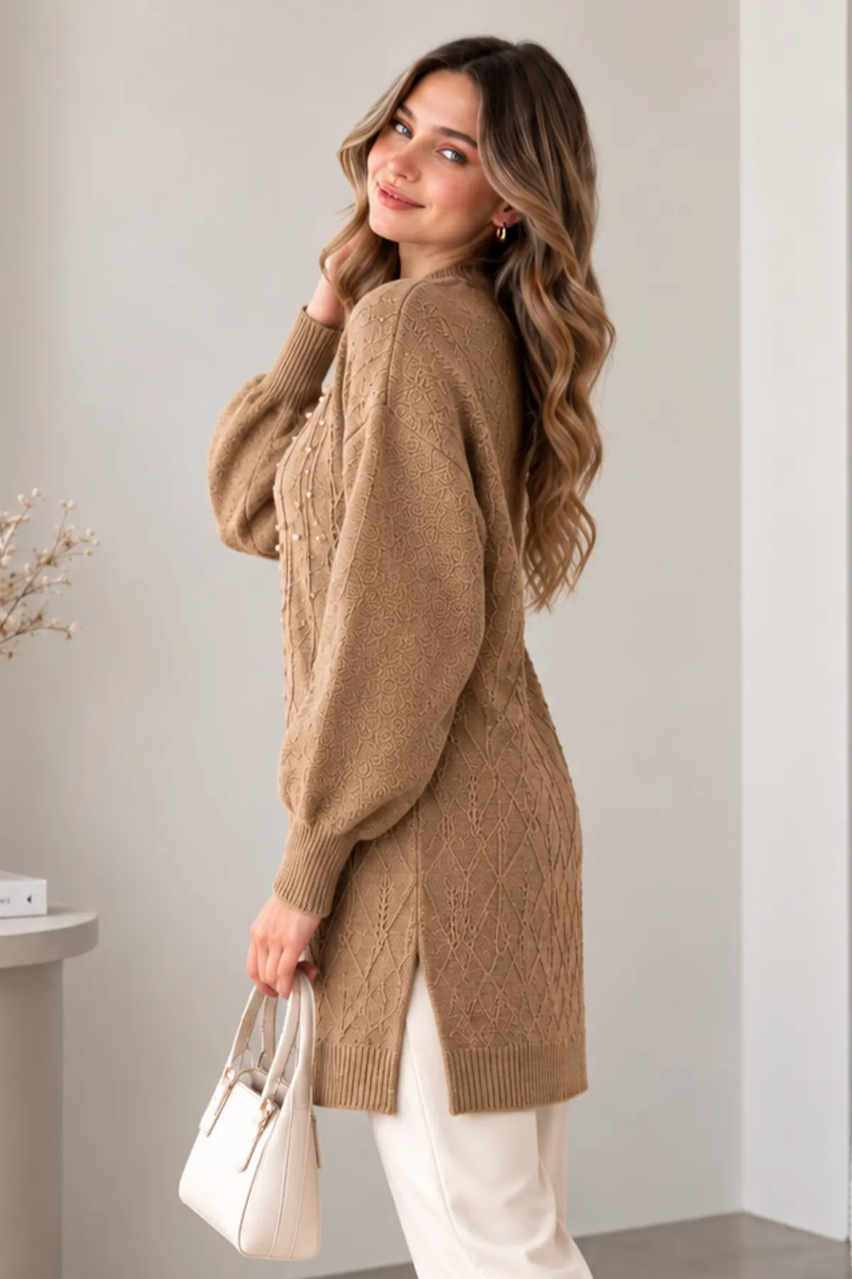 Embellished Knit Sweater K6041 Beige-detail