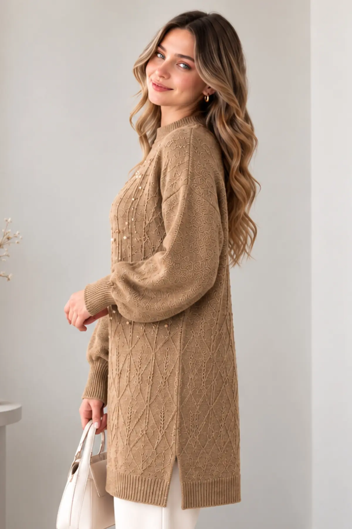 Embellished Knit Sweater K6041 Beige-detail