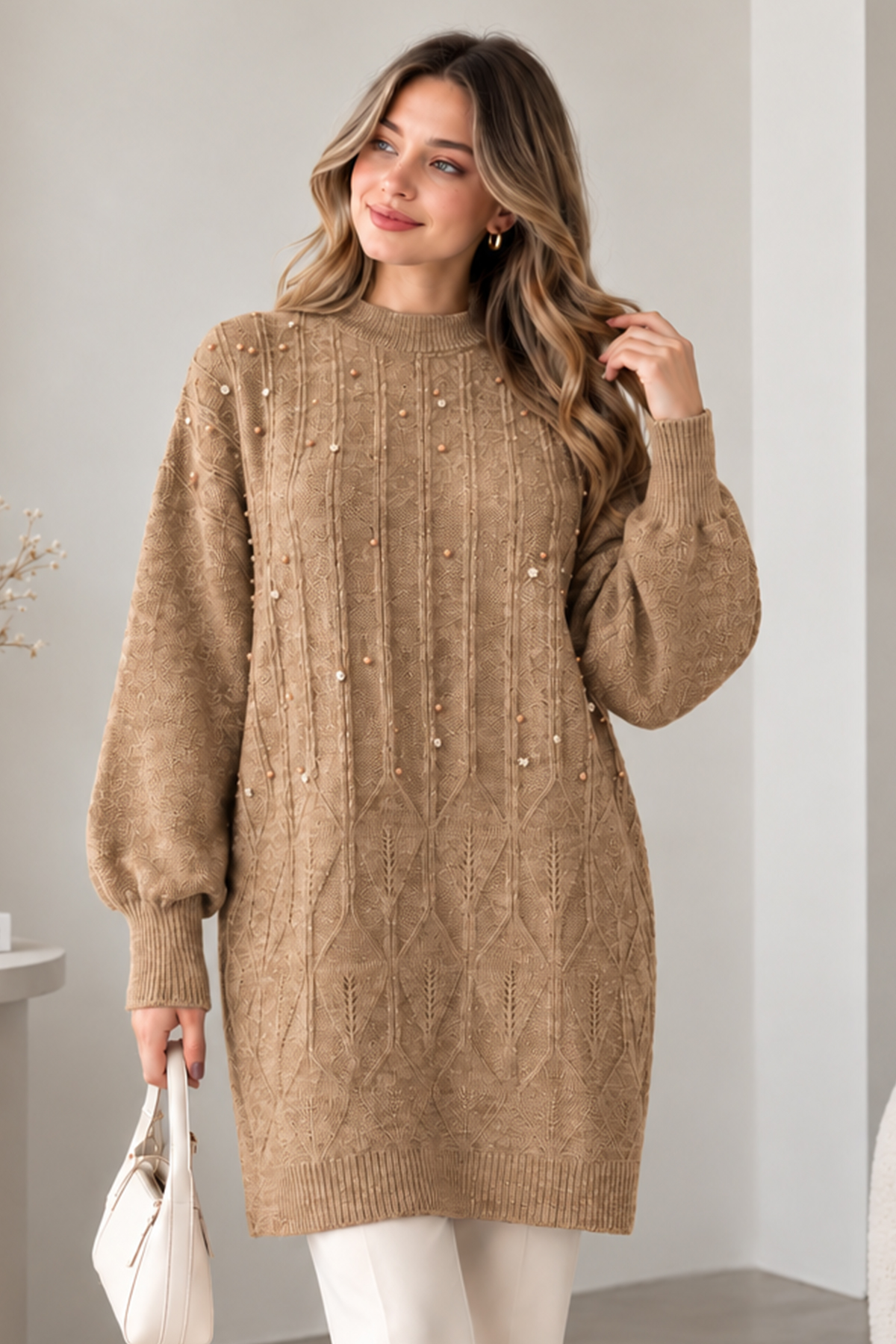 Embellished Knit Sweater K6041 Beige