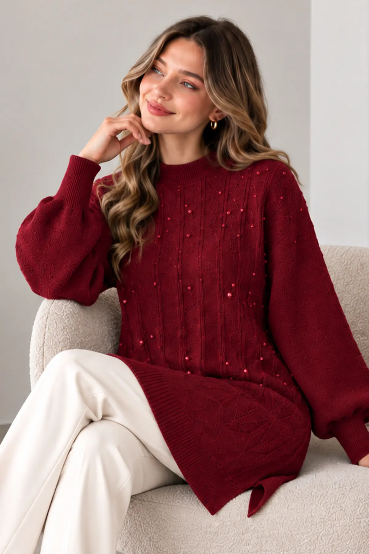 Embellished Knit Sweater K6041 Burgundy-detail