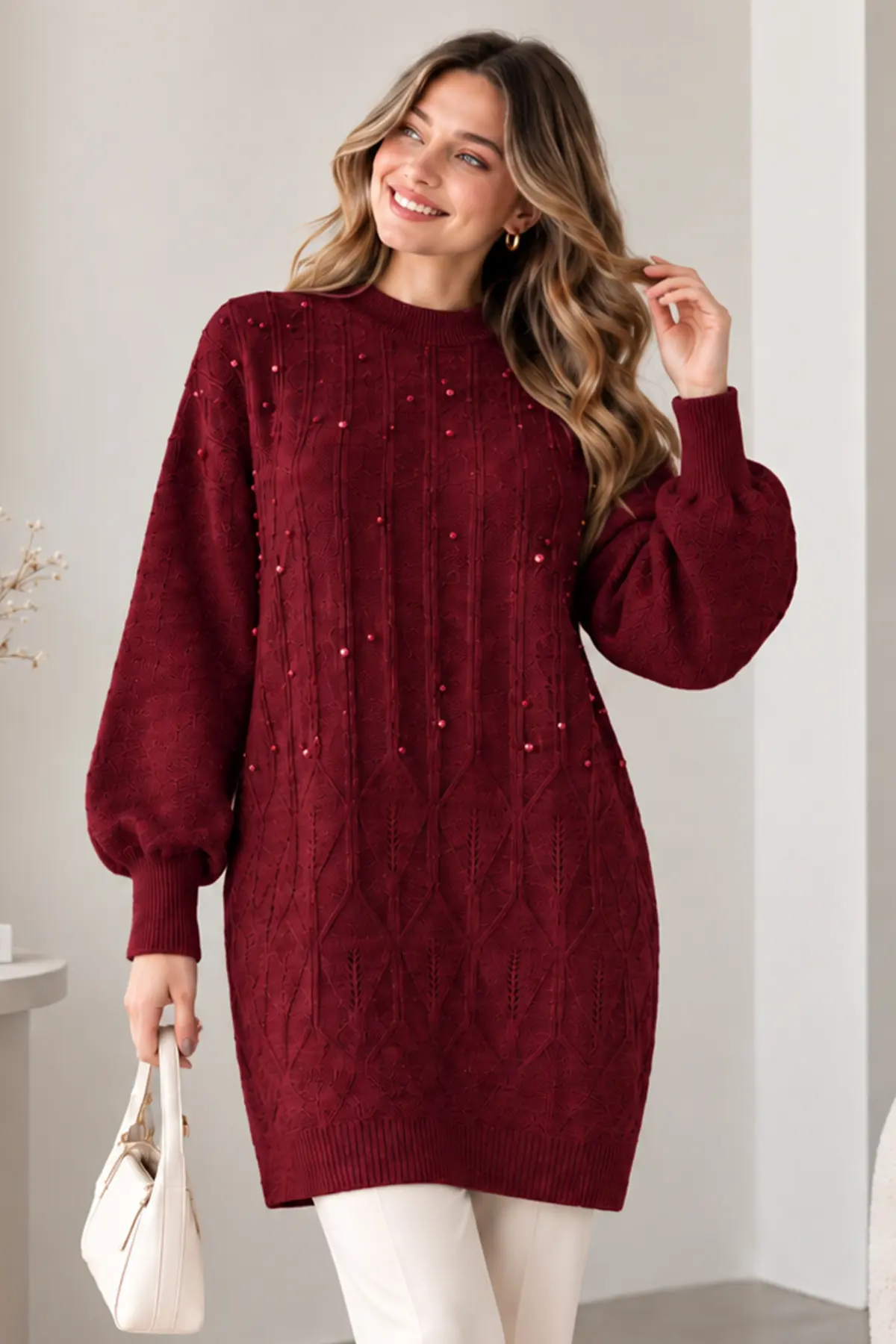 Embellished Knit Sweater K6041 Burgundy-detail