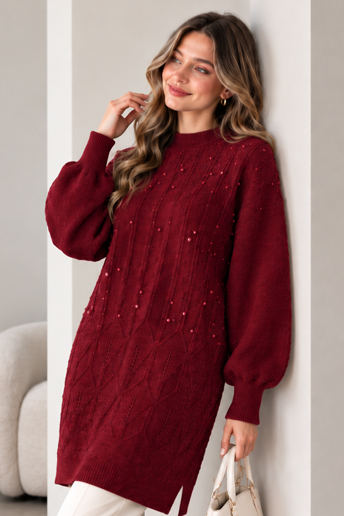 Embellished Knit Sweater K6041 Burgundy