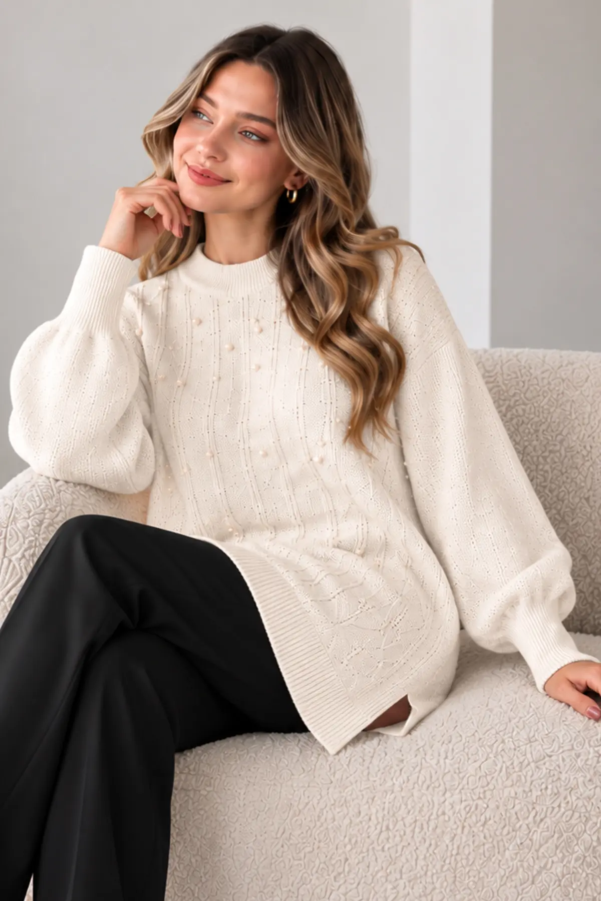 Embellished Knit Sweater K6041 Ecru-detail