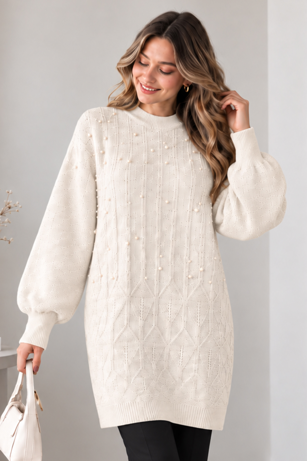 Embellished Knit Sweater K6041 Ecru