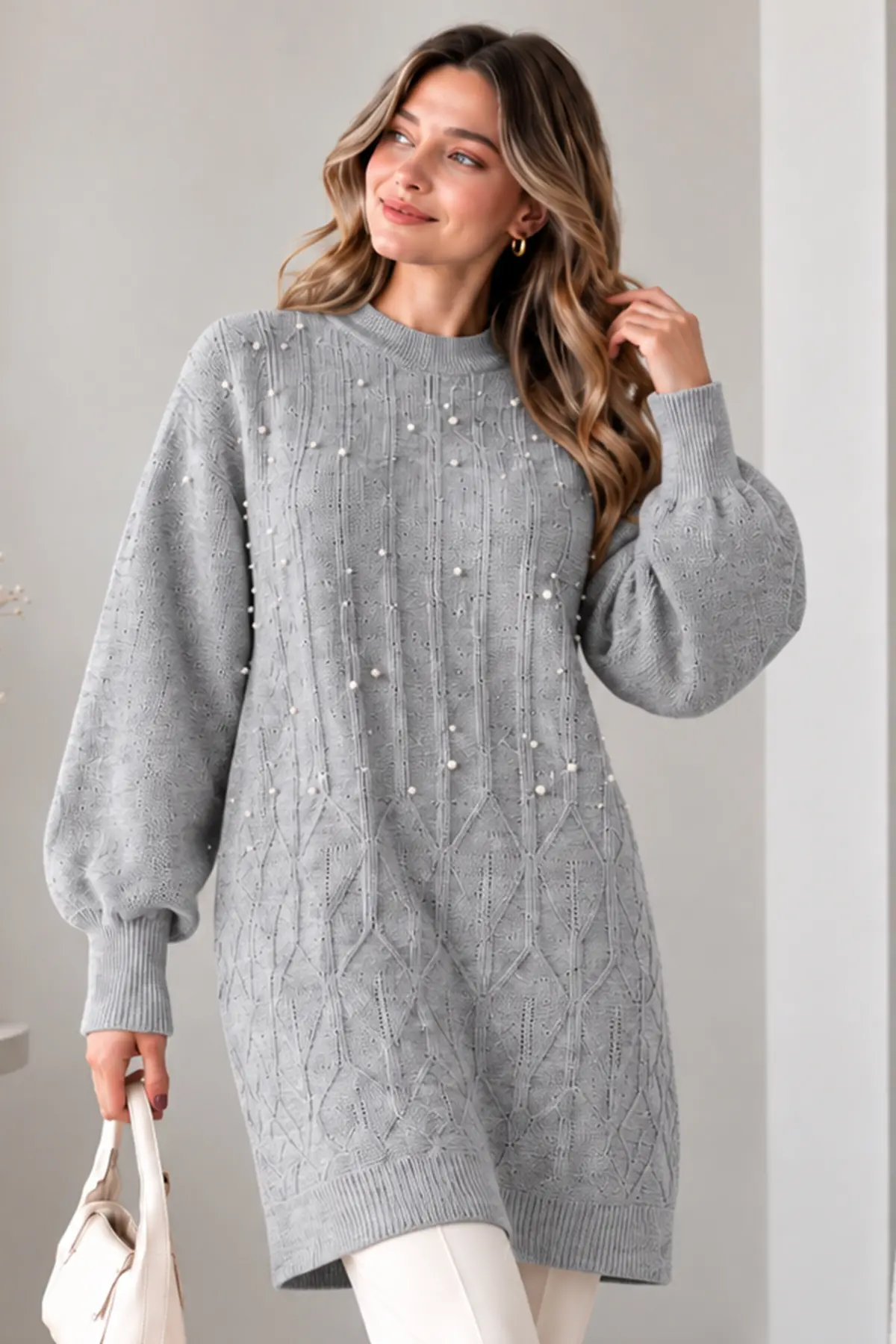 Embellished Knit Sweater K6041 Grey-detail