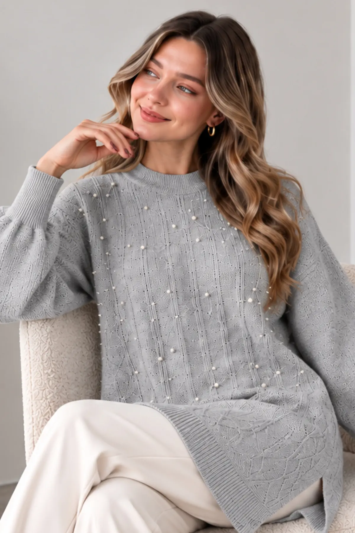Embellished Knit Sweater K6041 Grey-detail
