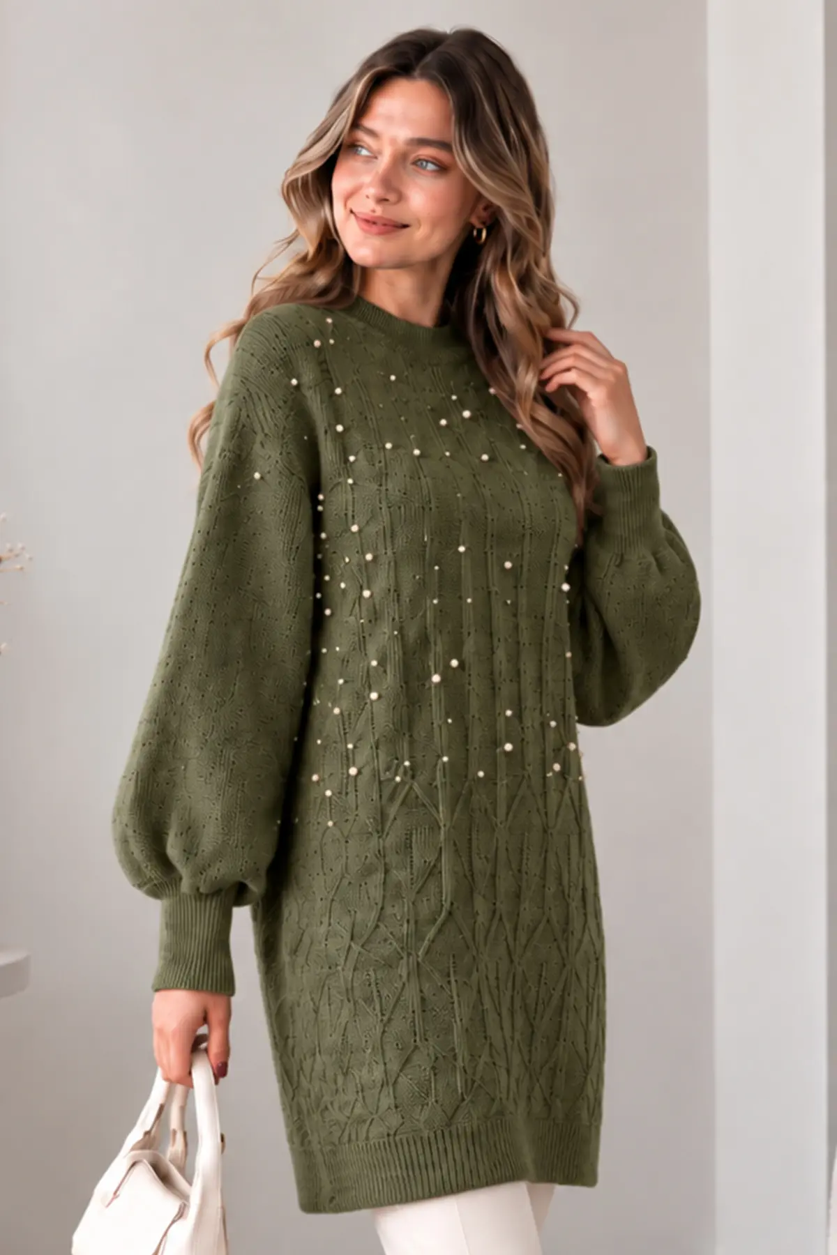Embellished Knit Sweater K6041 Khaki-detail