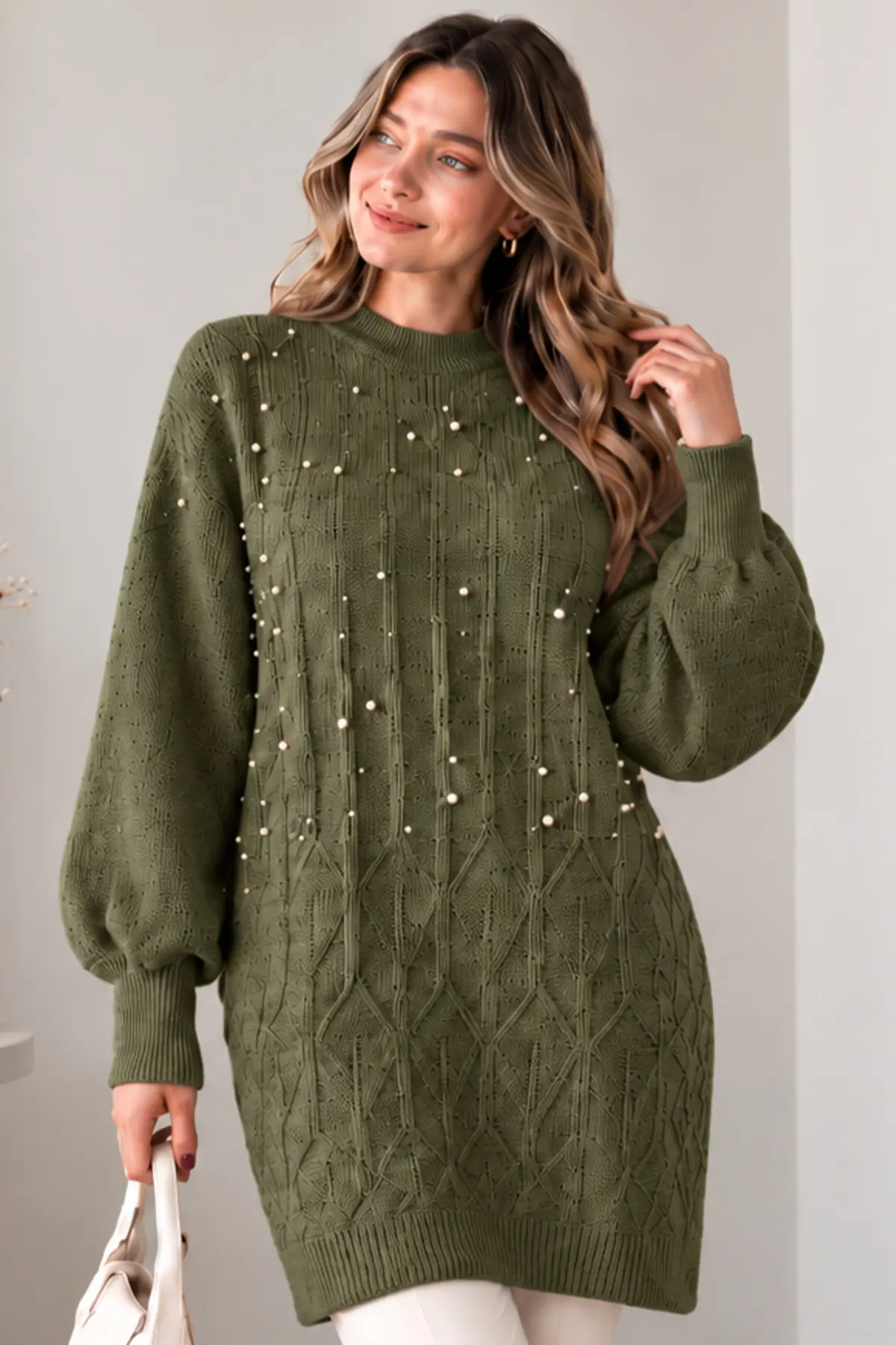 Embellished Knit Sweater K6041 Khaki-detail