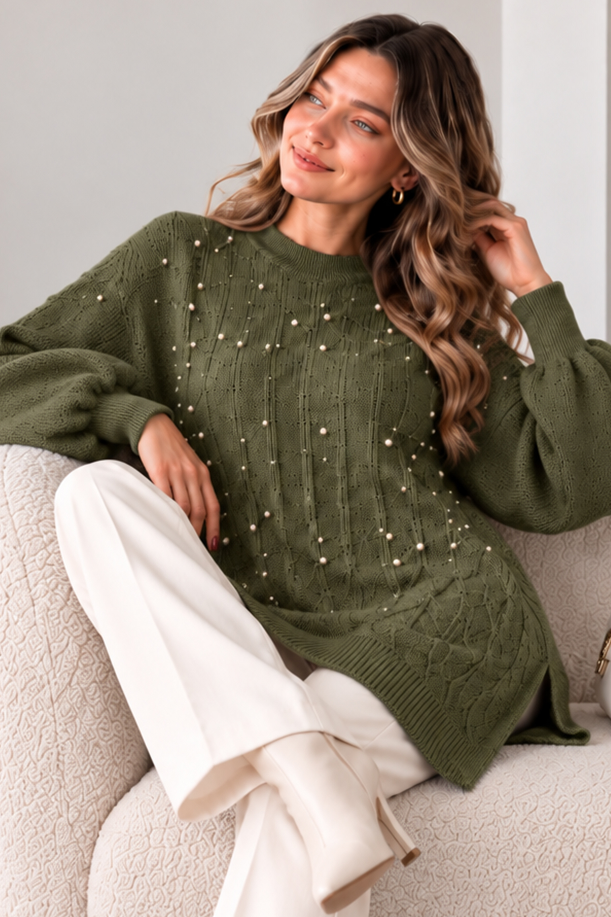 Embellished Knit Sweater K6041 Khaki