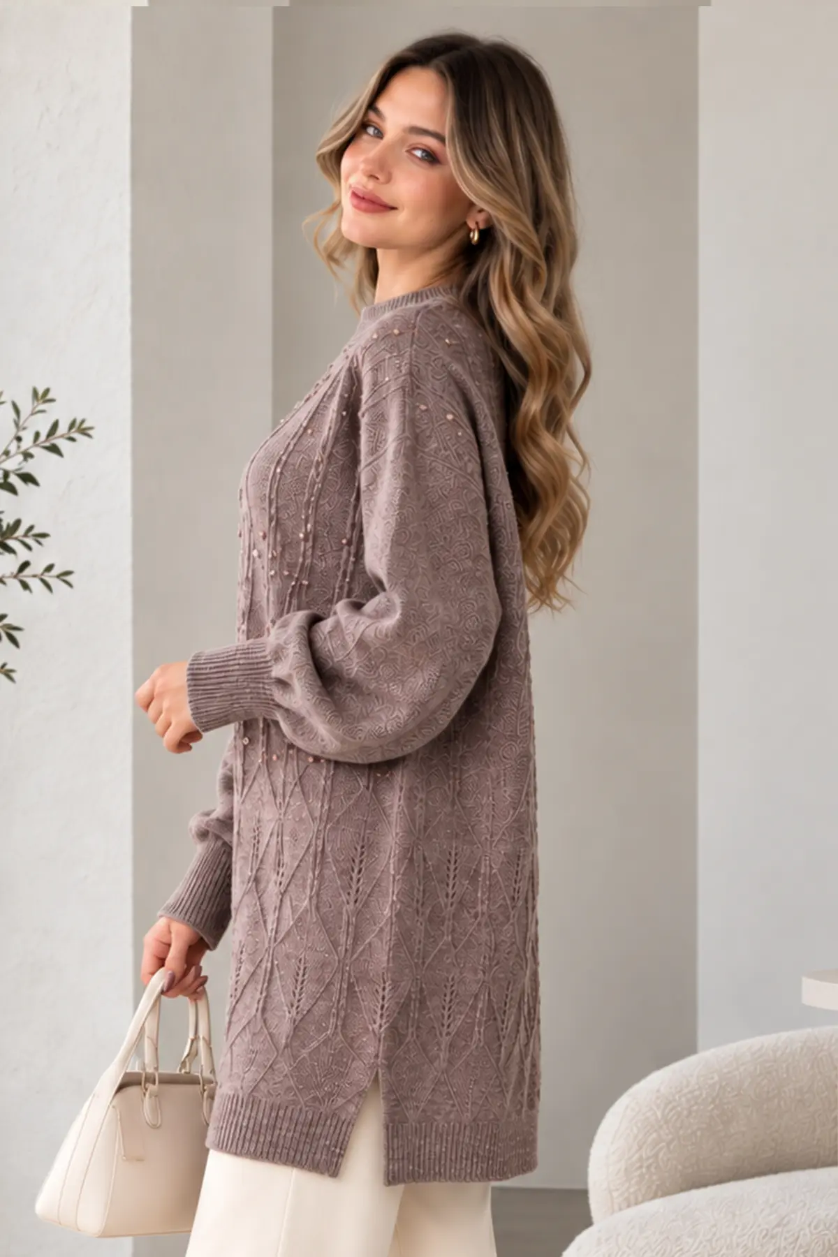 Embellished Knit Sweater K6041 Mink-detail