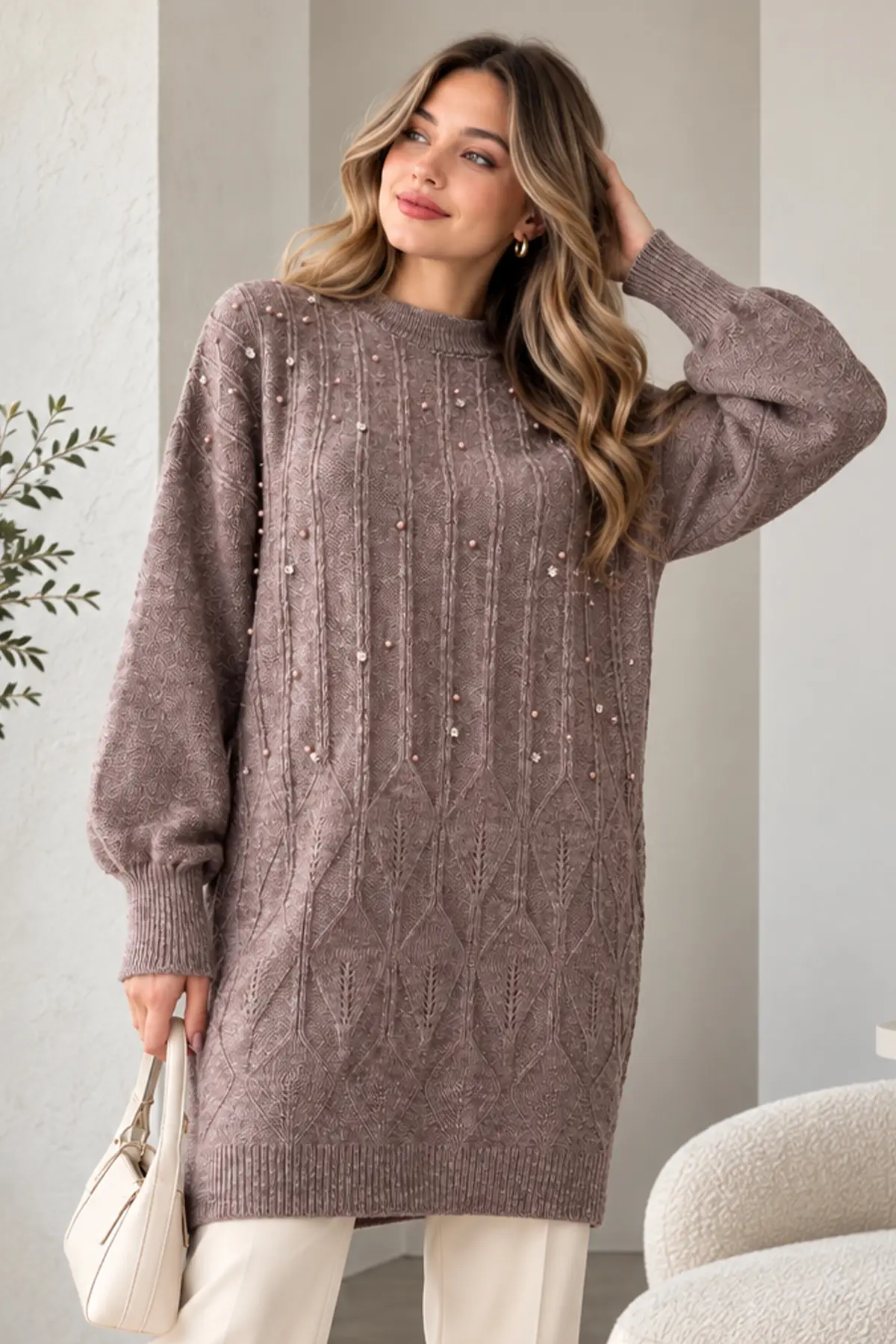 Embellished Knit Sweater K6041 Mink-detail