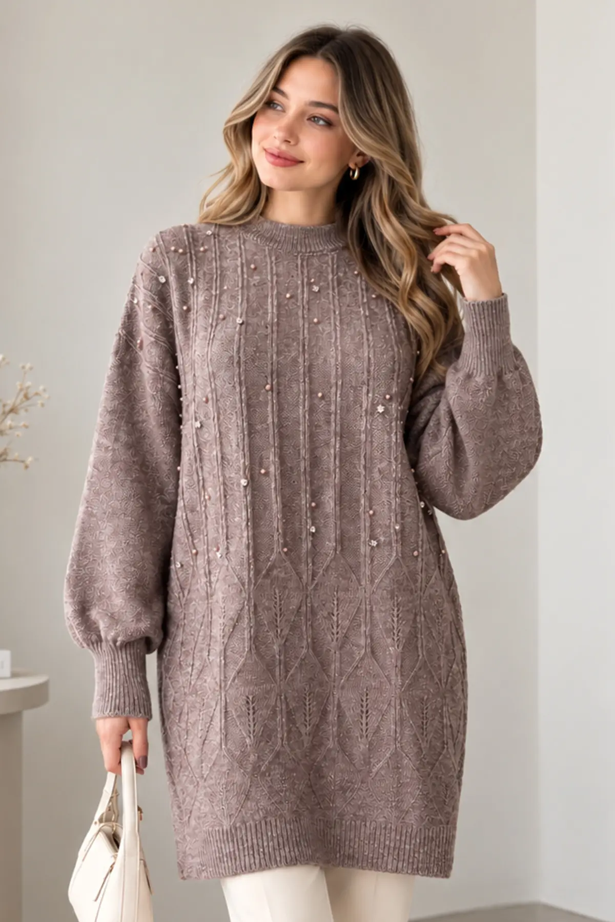 Embellished Knit Sweater K6041 Mink-detail