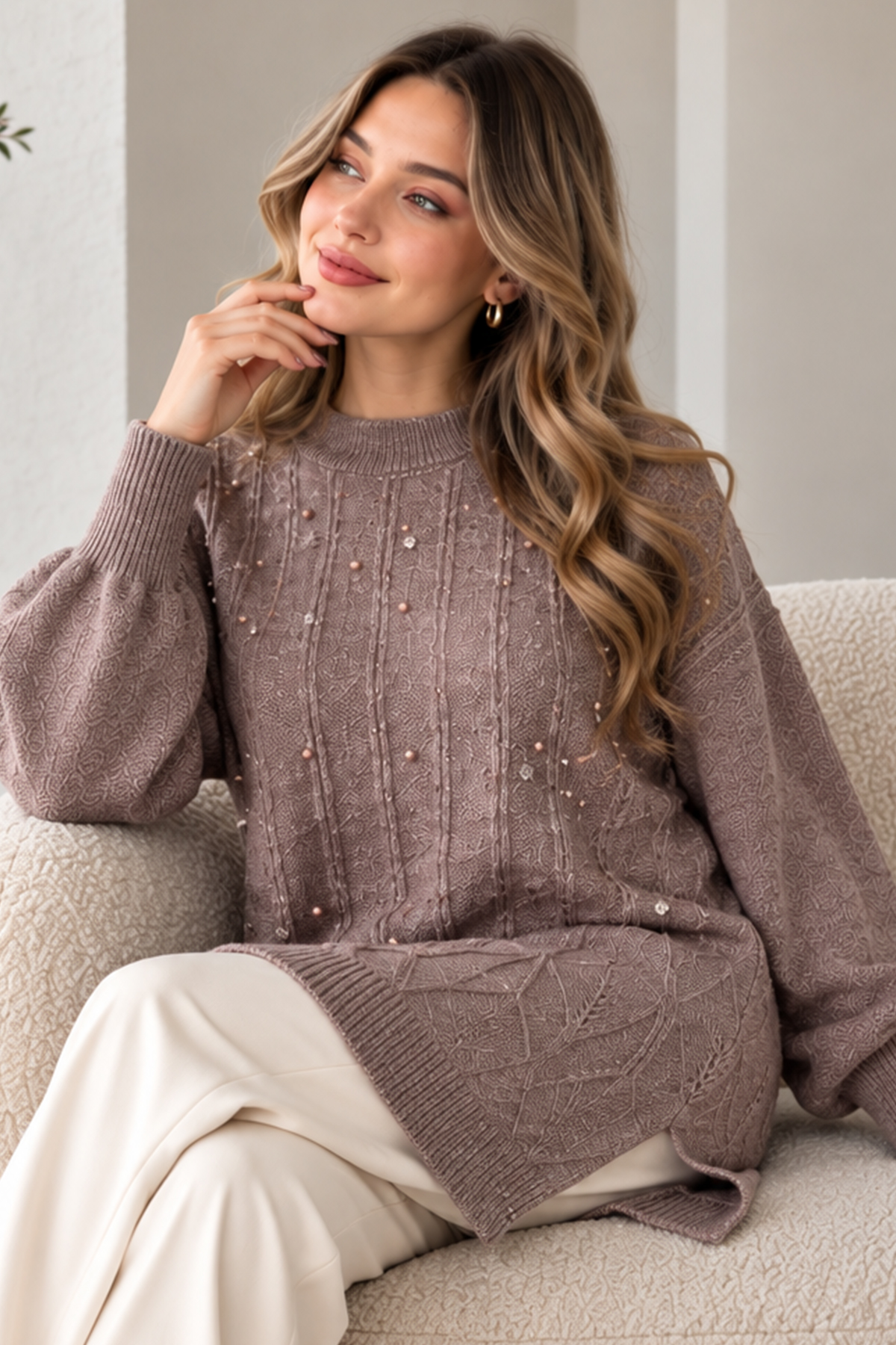 Embellished Knit Sweater K6041 Mink