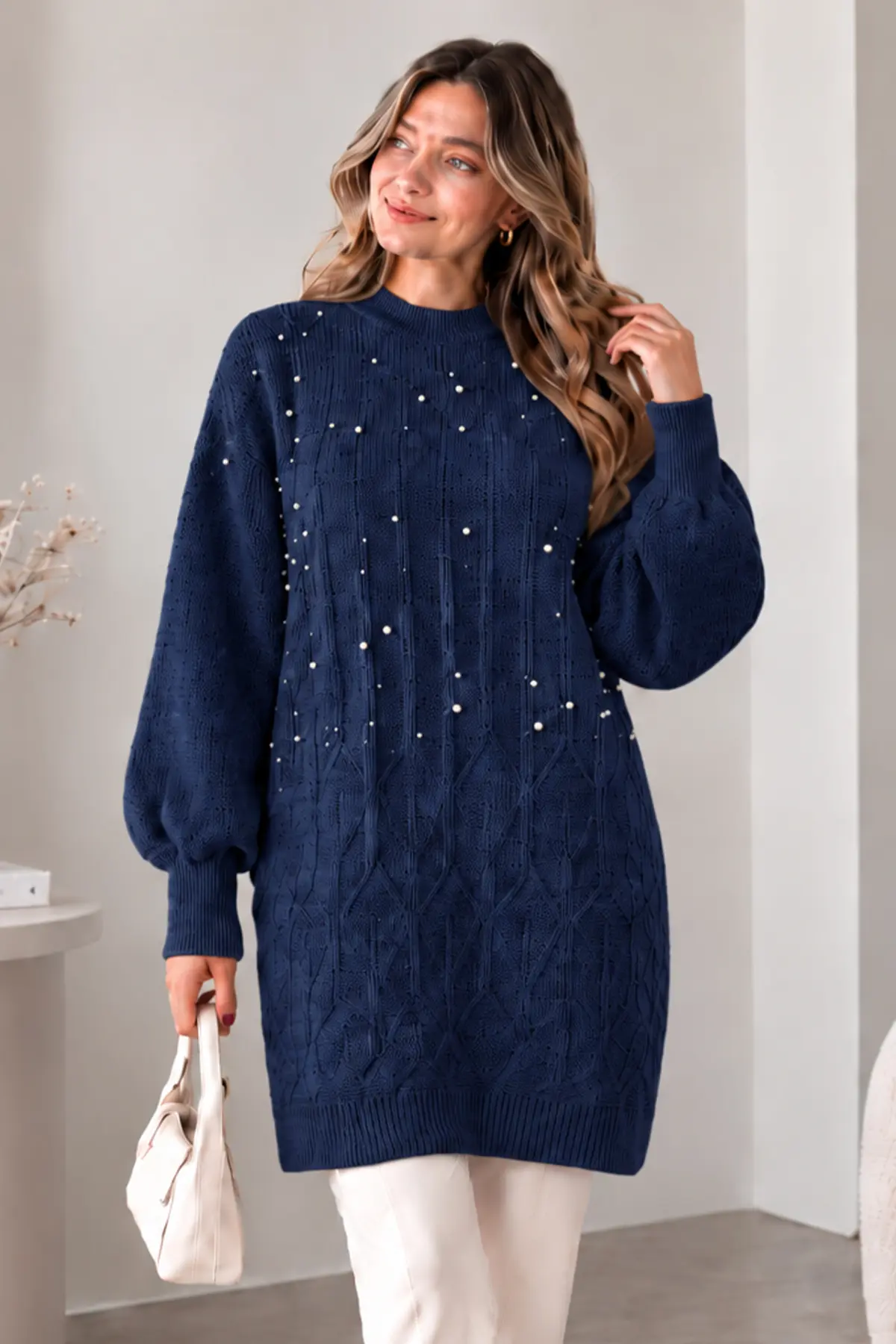 Embellished Knit Sweater K6041 Navy Blue-detail