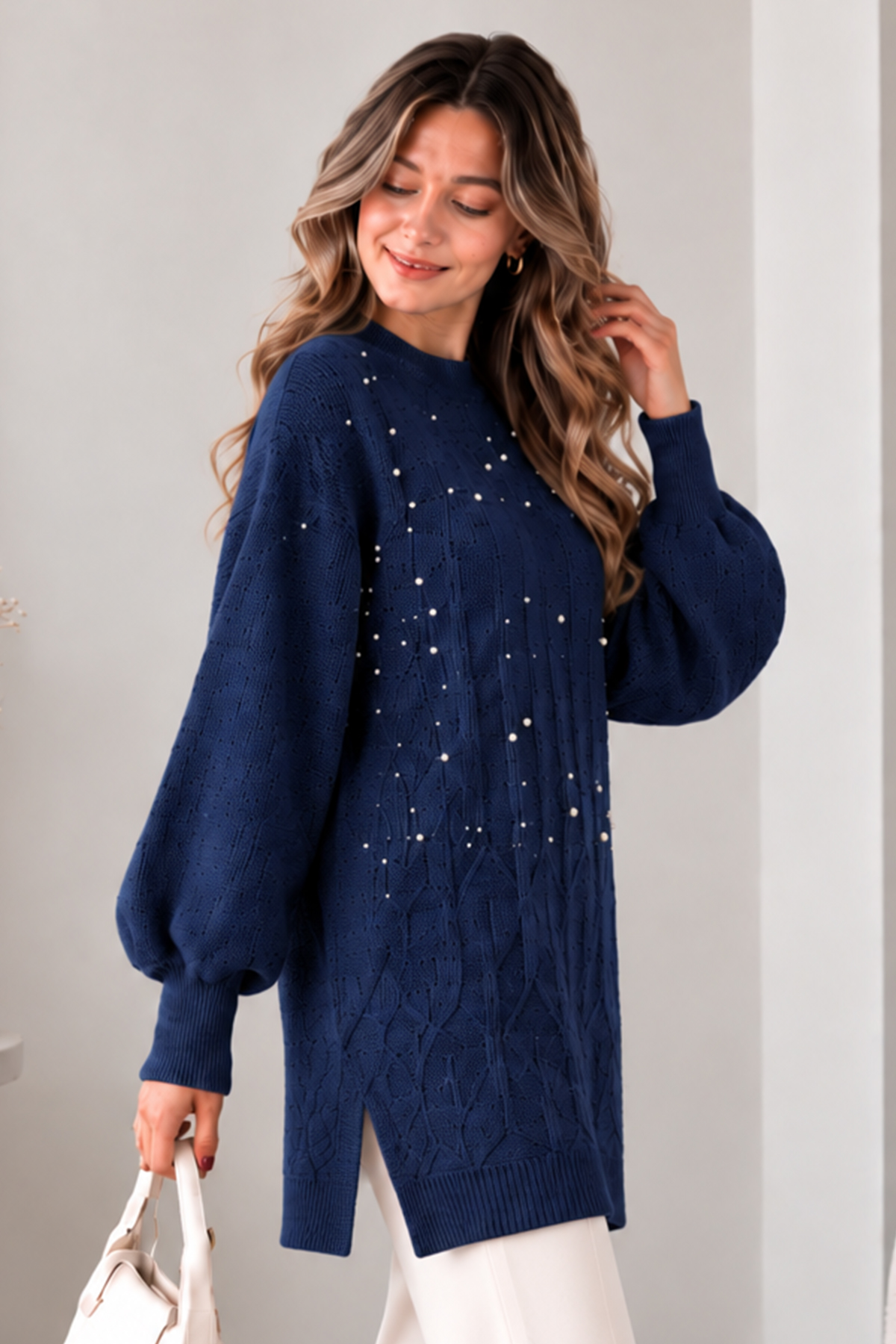 Embellished Knit Sweater K6041 Navy Blue