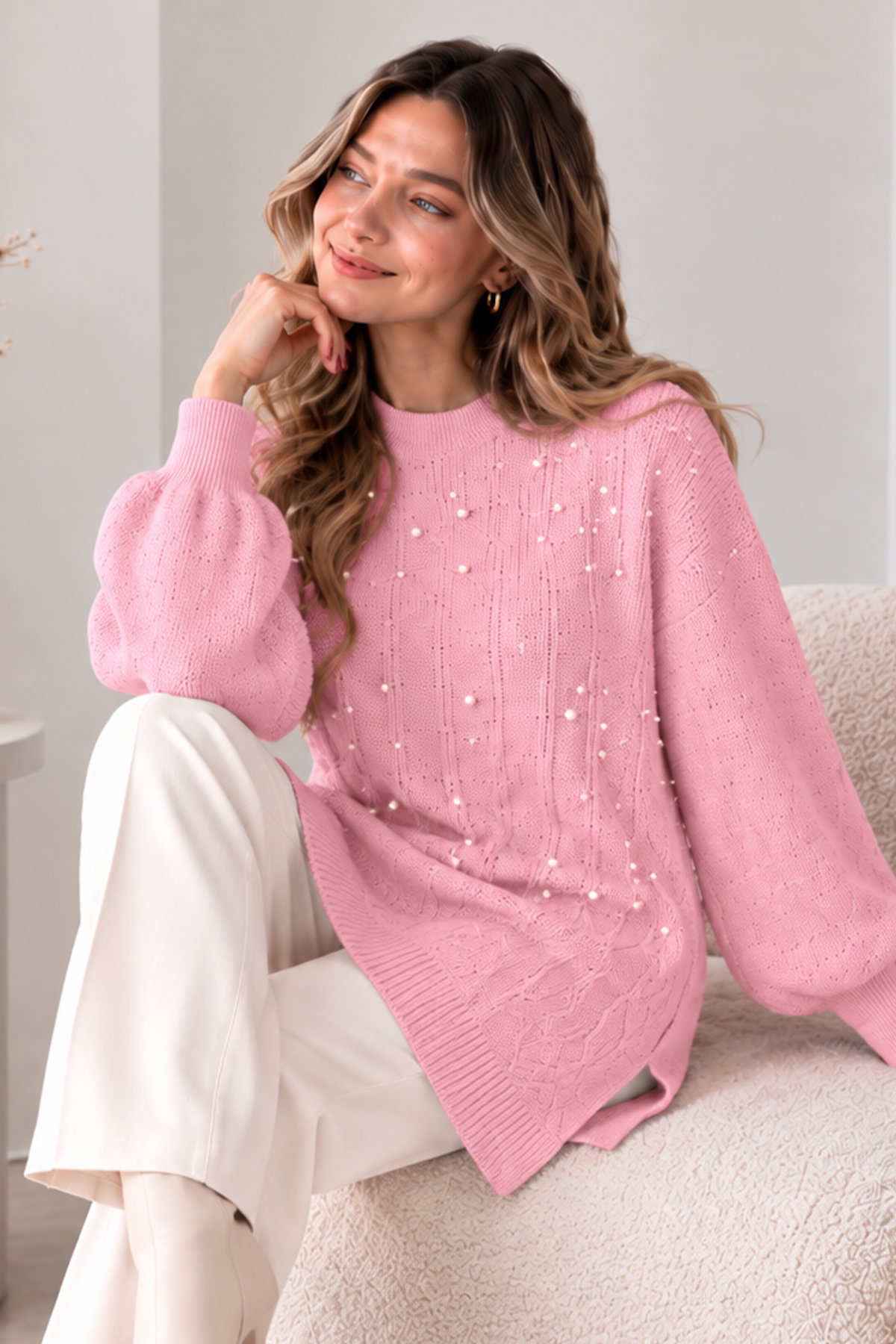 Embellished Knit Sweater K6041 Pink