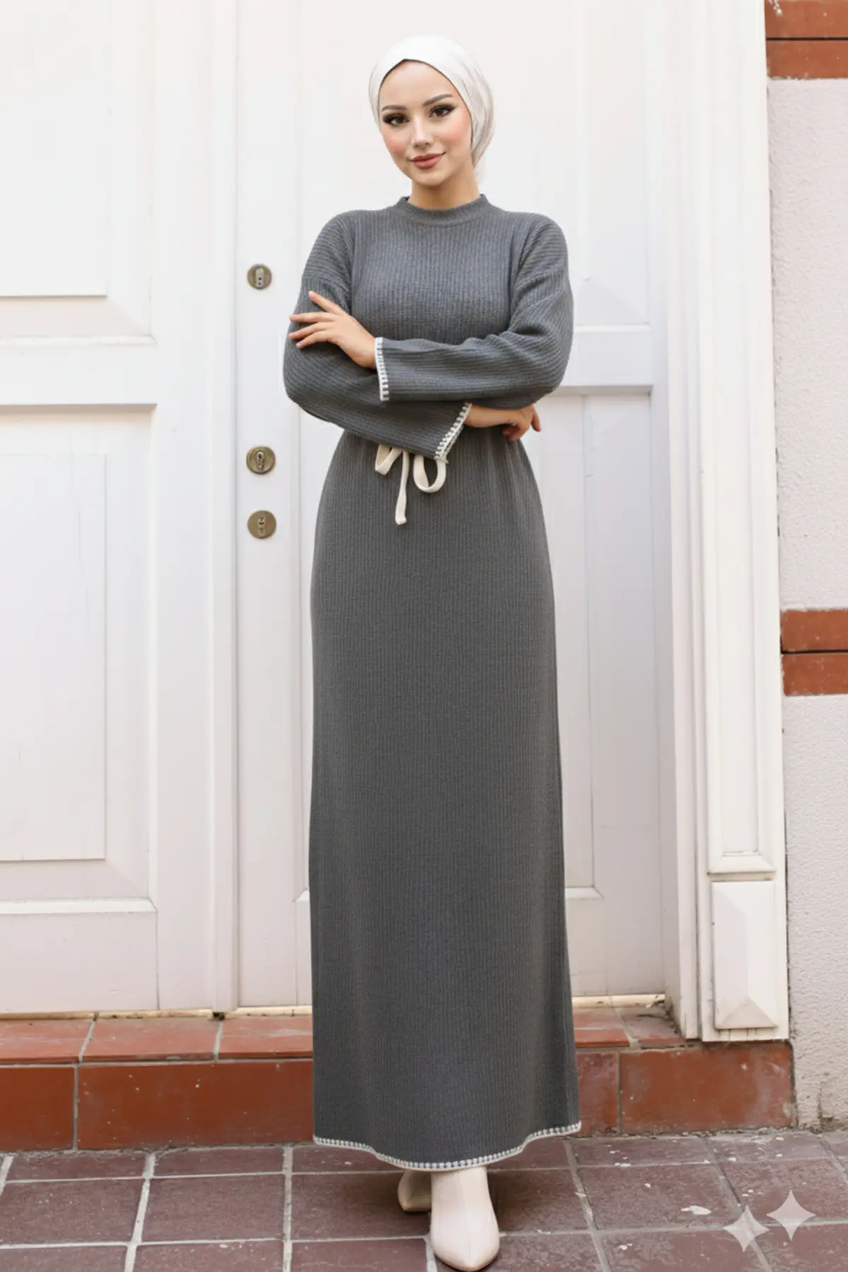 Embroidered Detailed Knit Dress Oil Green-detail