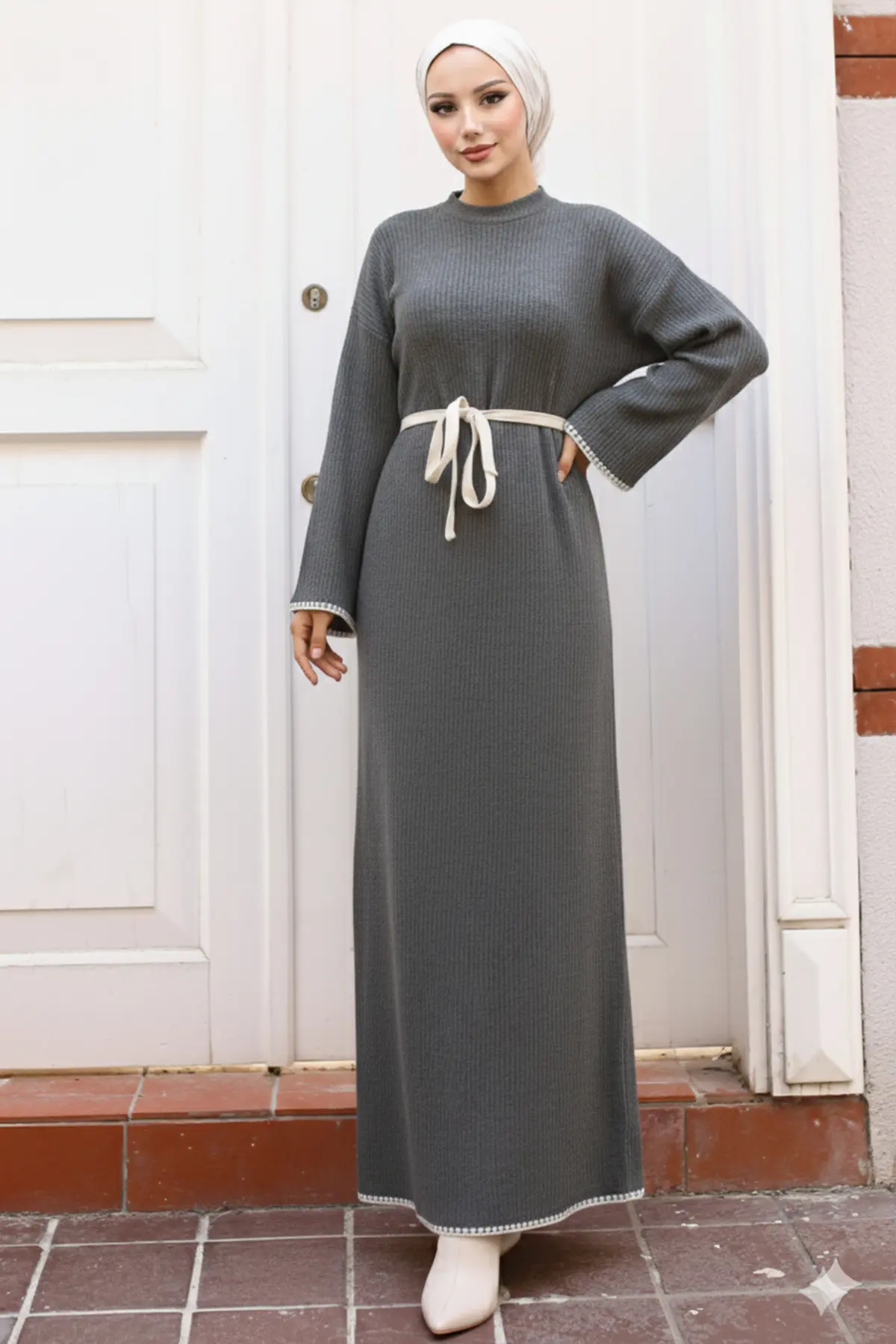 Embroidered Detailed Knit Dress Oil Green-detail