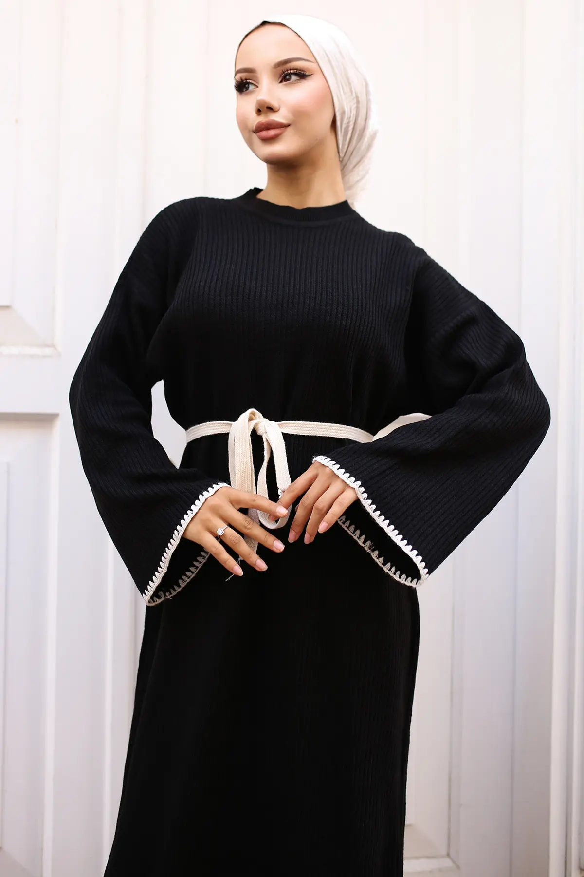 Embroidered Detailed Knit Dress Oil Green-detail