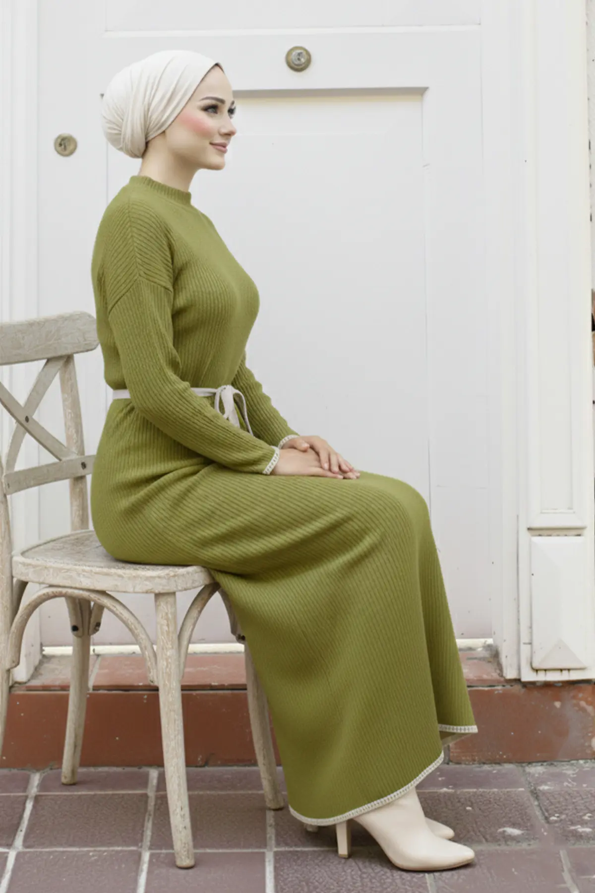 Embroidered Detailed Knit Dress Oil Green-detail