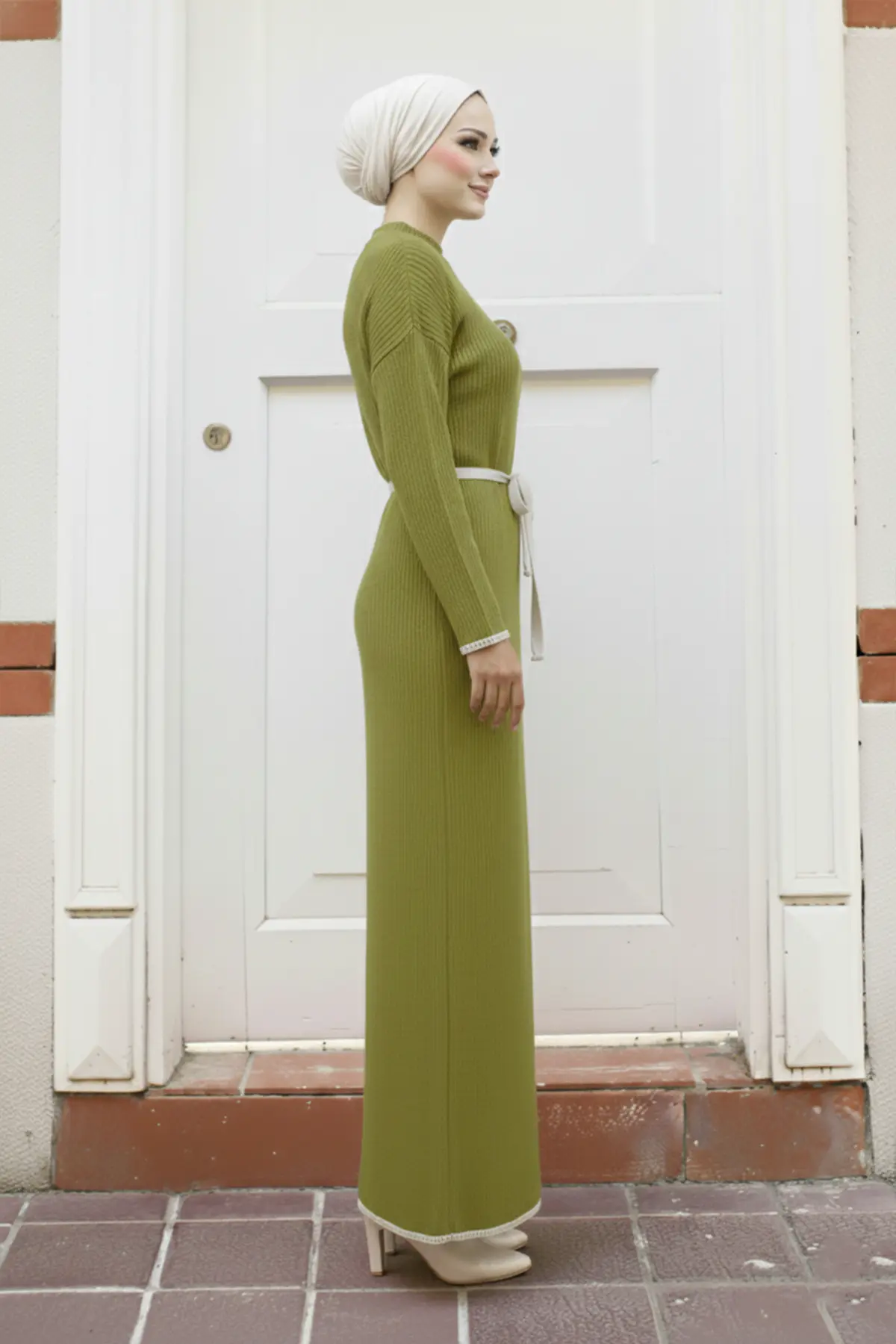 Embroidered Detailed Knit Dress Oil Green-detail