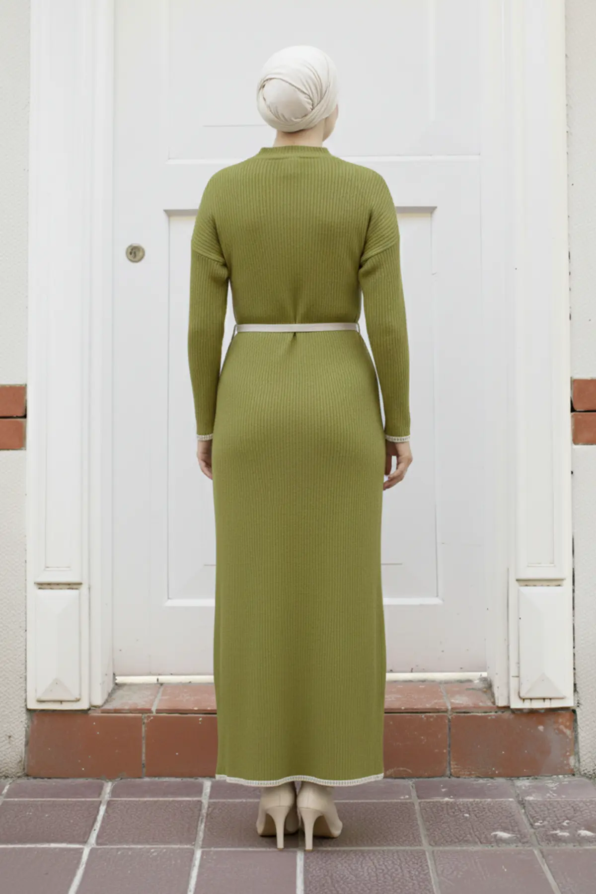 Embroidered Detailed Knit Dress Oil Green-detail