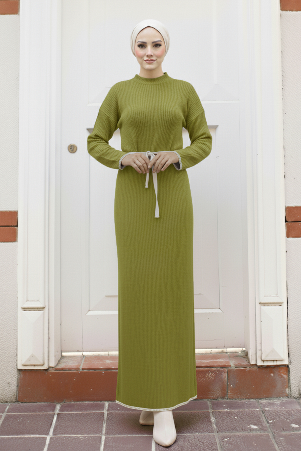 Embroidered Detailed Knit Dress Oil Green