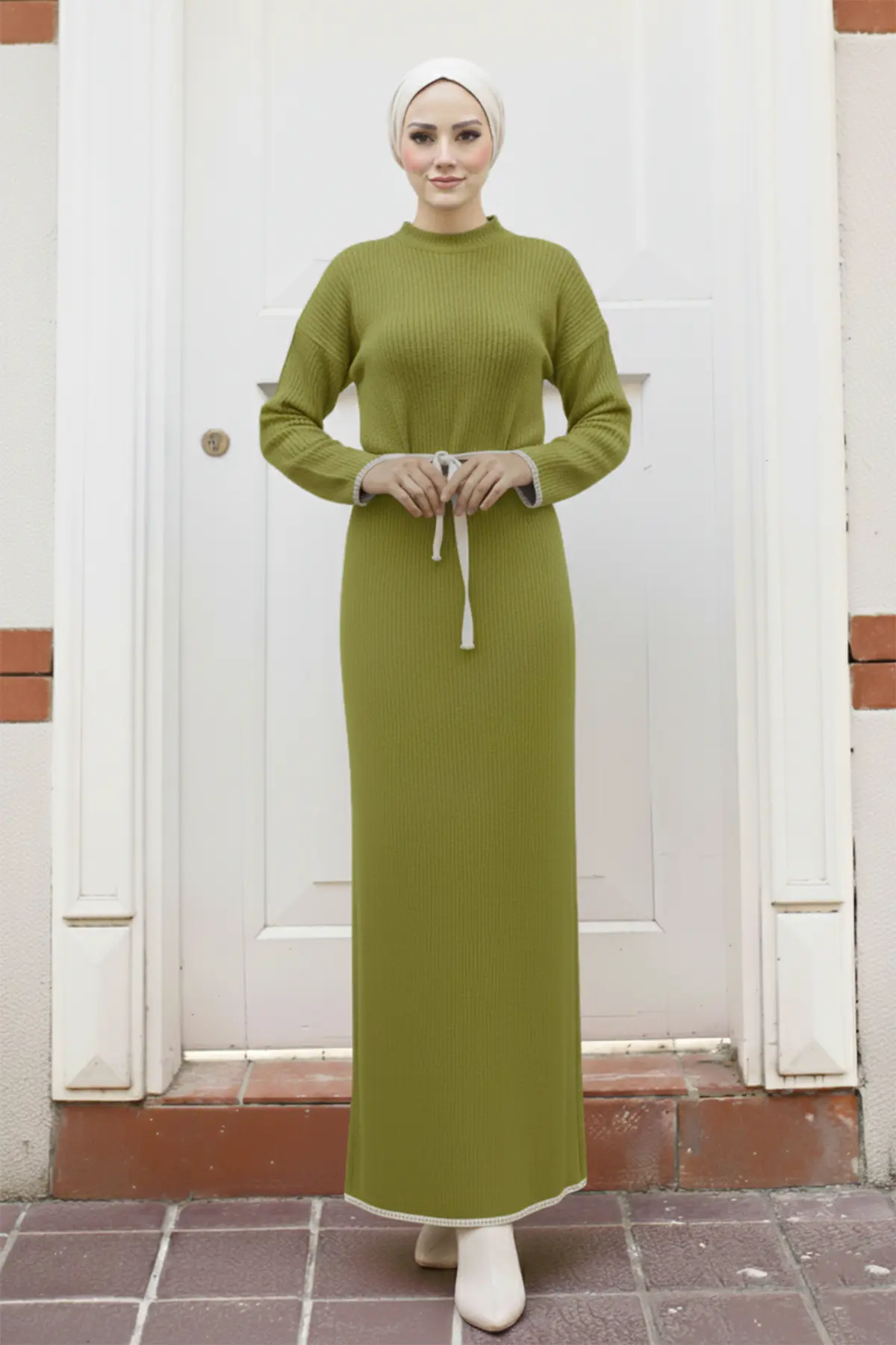 Embroidered Detailed Knit Dress Oil Green