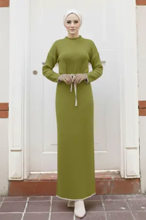 Embroidered Detailed Knit Dress Oil Green