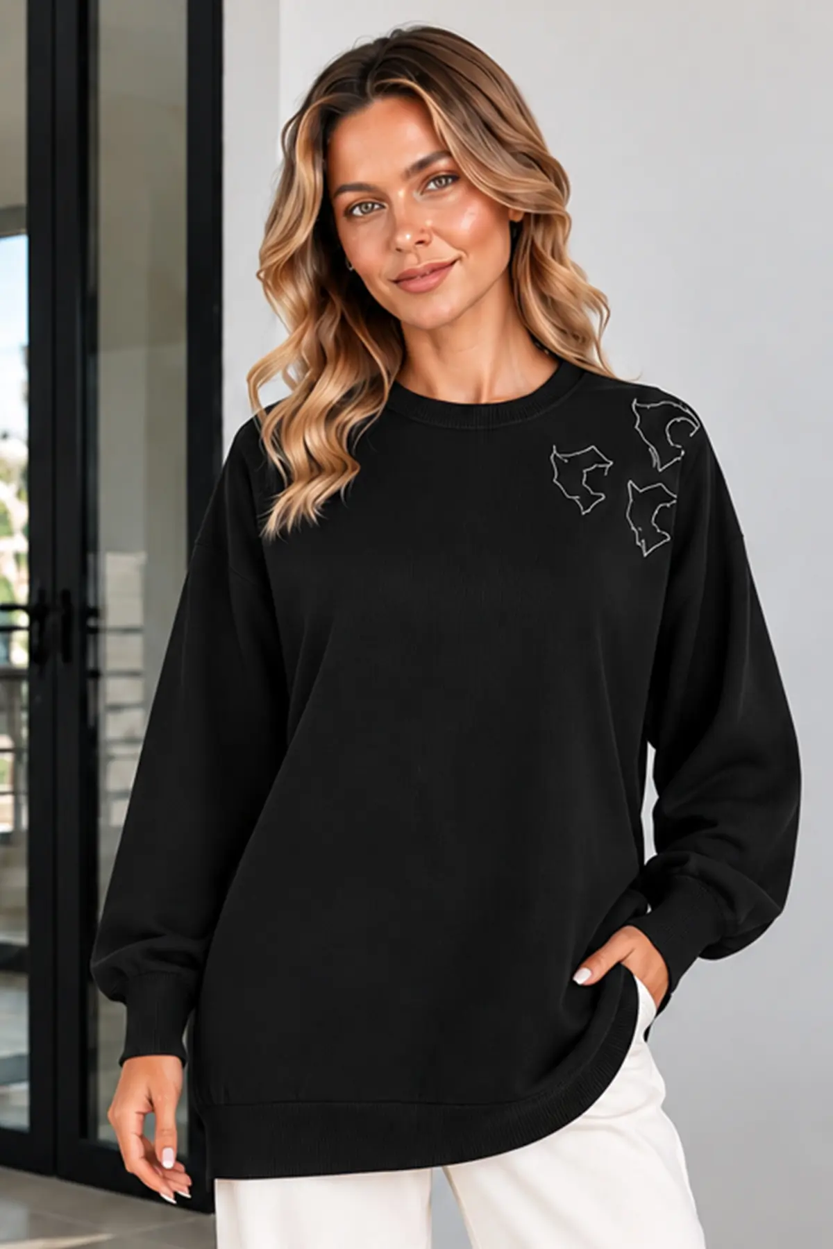Embroidered Mercerized Tunic N3315 Black-detail