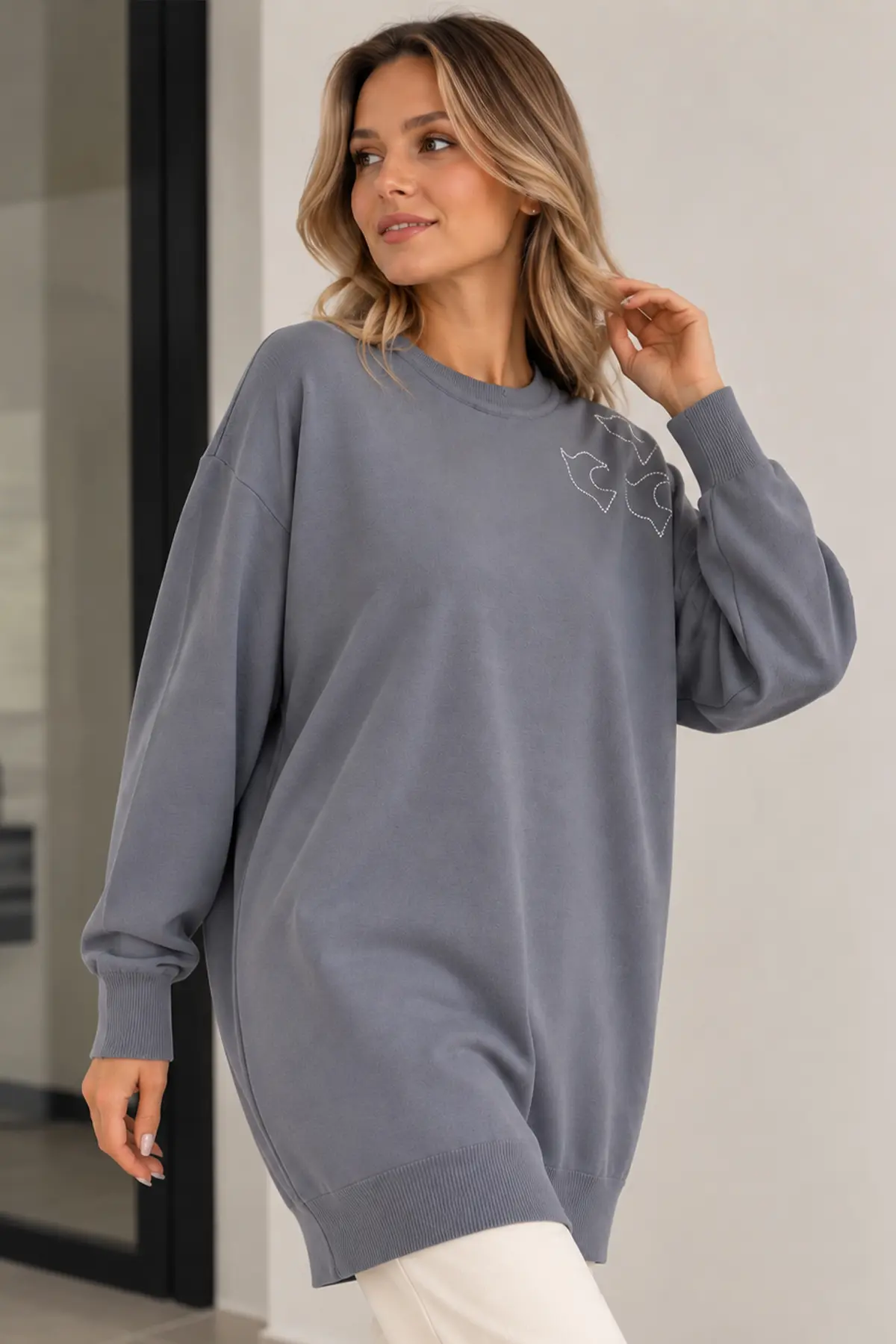 Embroidered Mercerized Tunic N3315 Grey-detail
