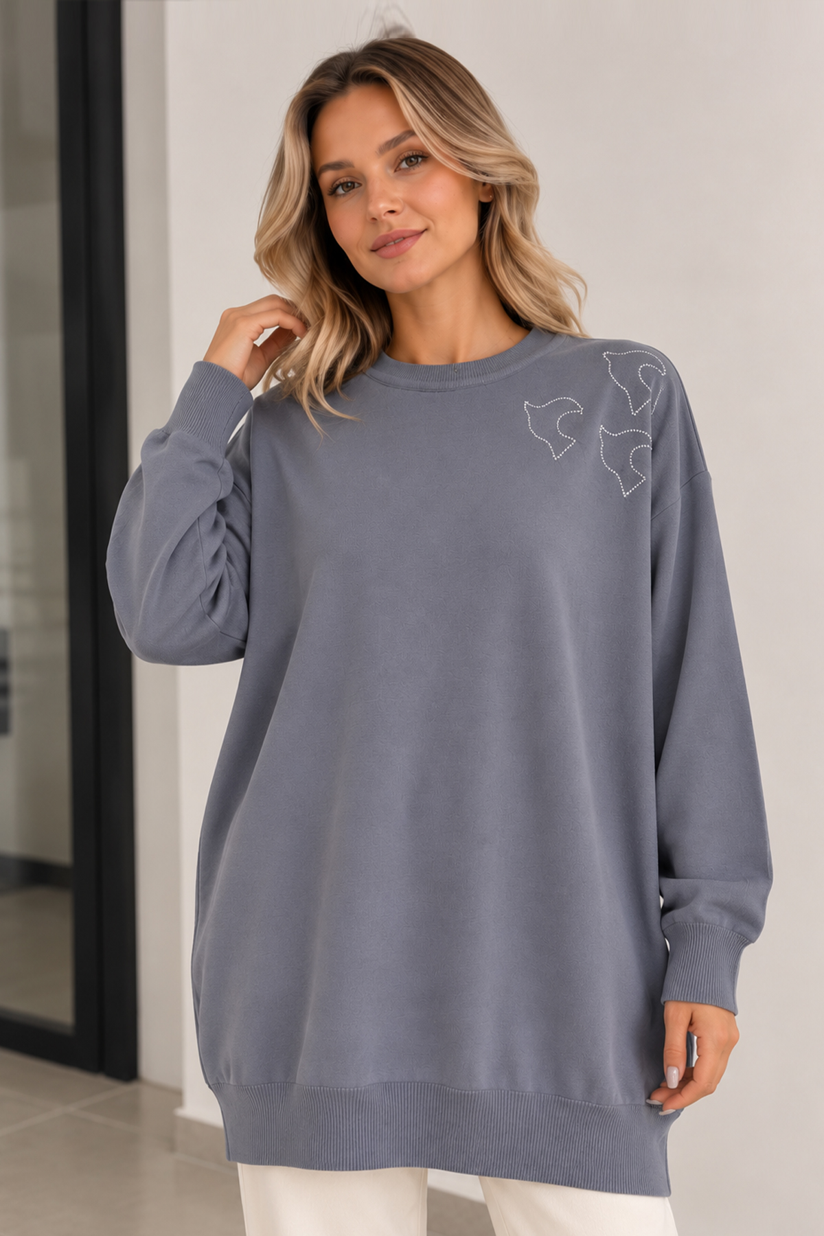 Embroidered Mercerized Tunic N3315 Grey
