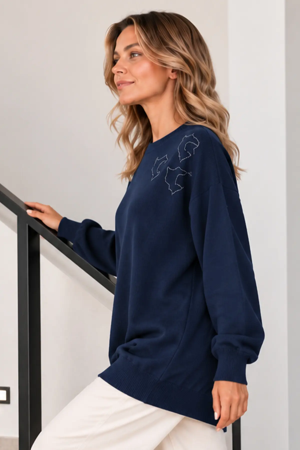 Embroidered Mercerized Tunic N3315 Navy Blue-detail