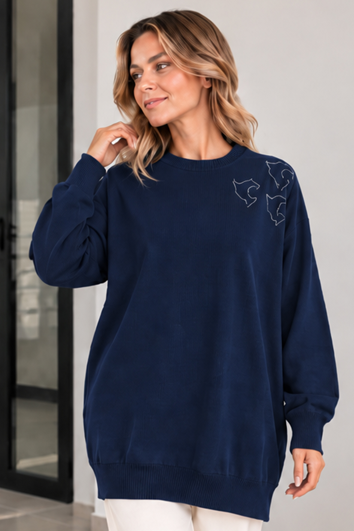 Embroidered Mercerized Tunic N3315 Navy Blue