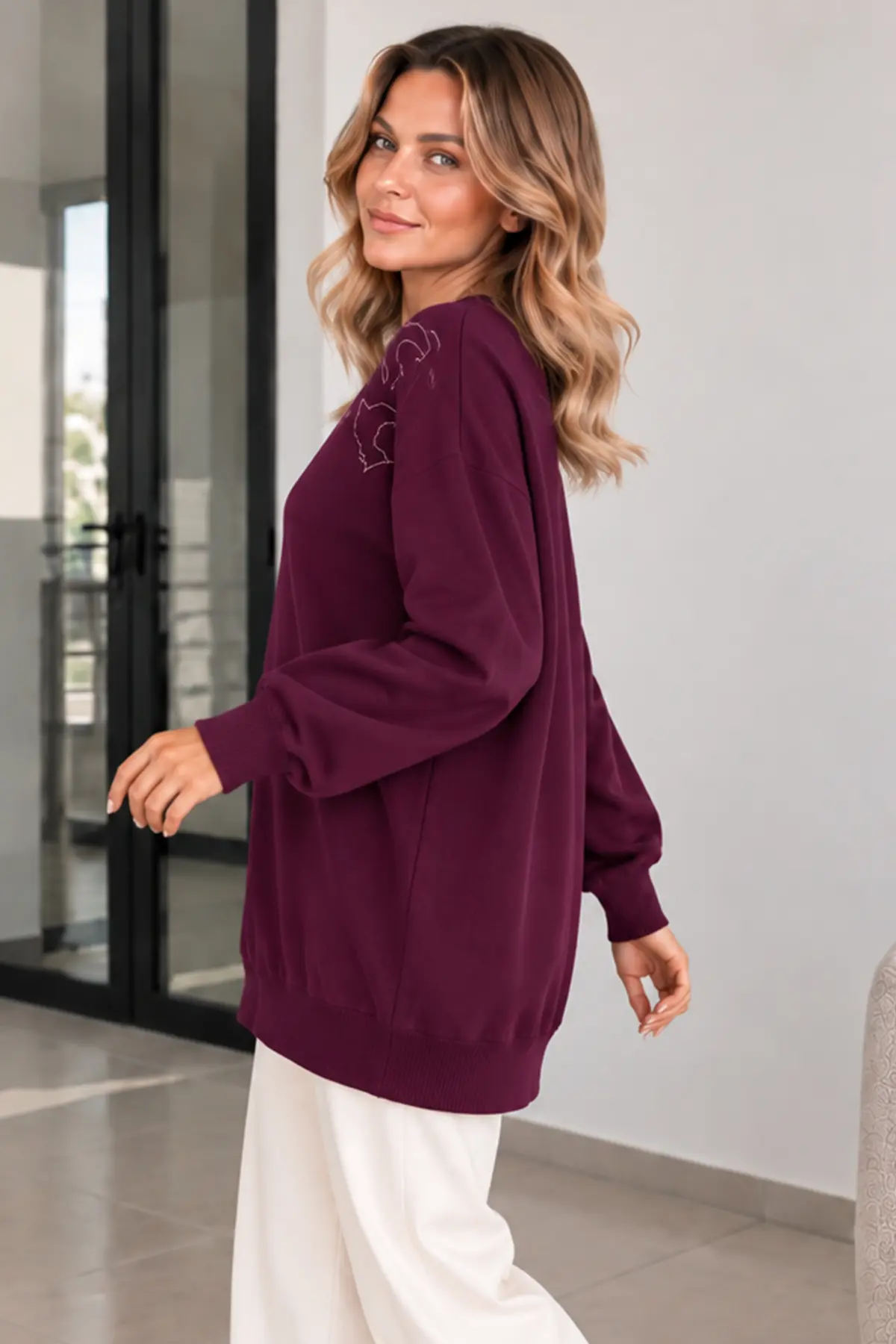 Embroidered Mercerized Tunic N3315 Plum-detail